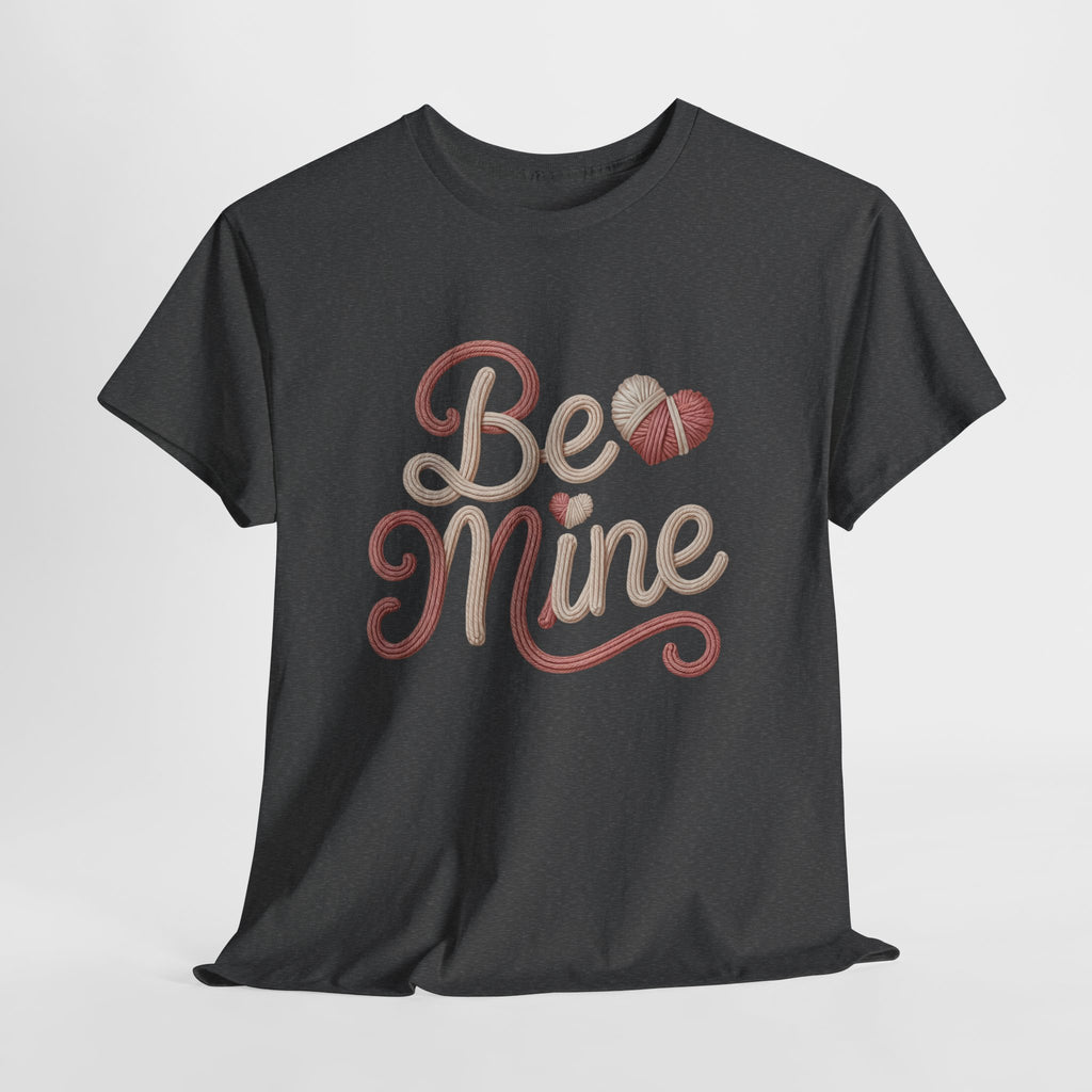 Be Mine Yarn Heart T-Shirt — Valentine’s Faux-Yarn Pink & Cream Unisex Cotton Tee
