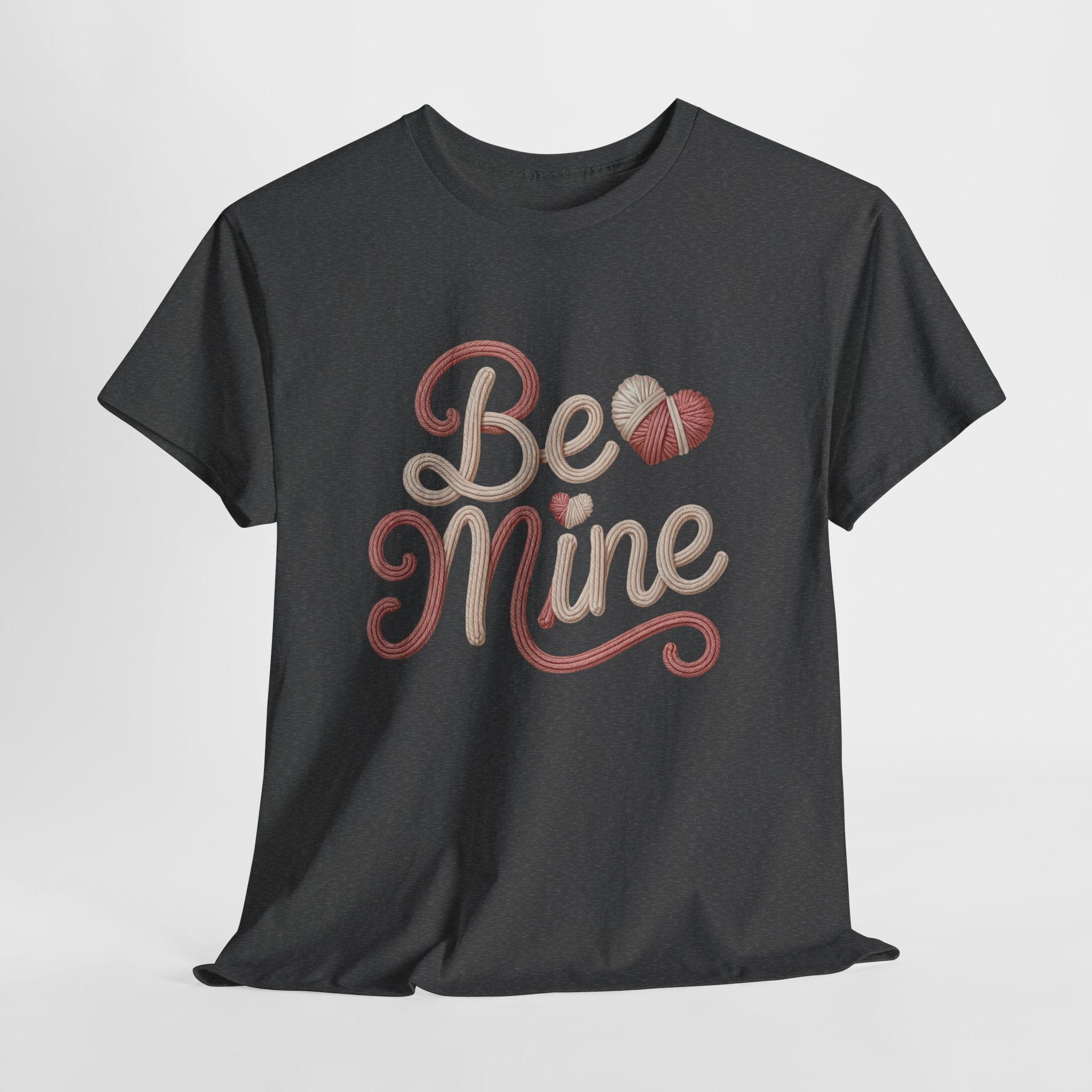 Be Mine Yarn Heart T-Shirt — Valentine’s Faux-Yarn Pink & Cream Unisex Cotton Tee