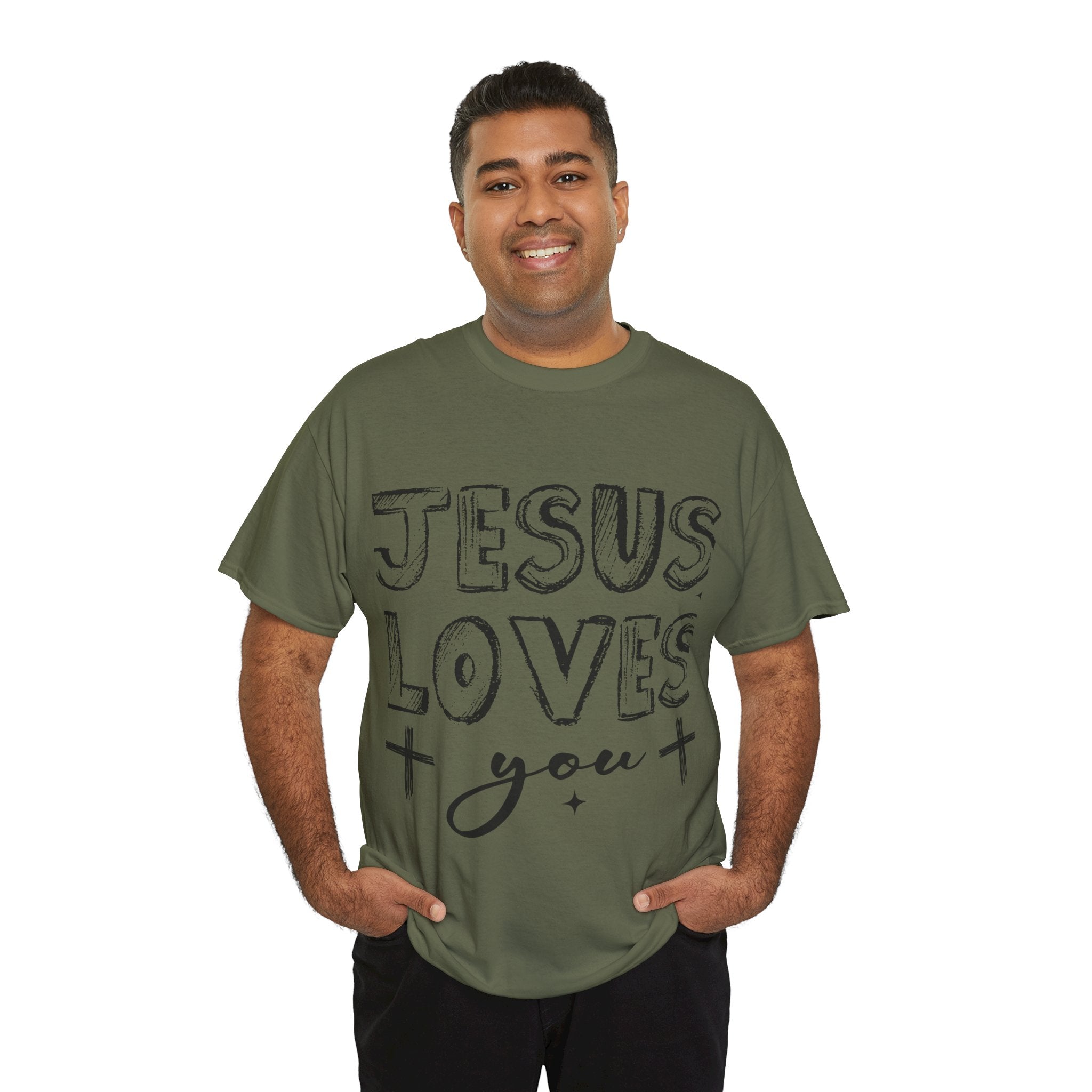 Jesus Loves You Chalk-Style Tee — Crosses & Stars Christian UNisex Cotton T-Shirt