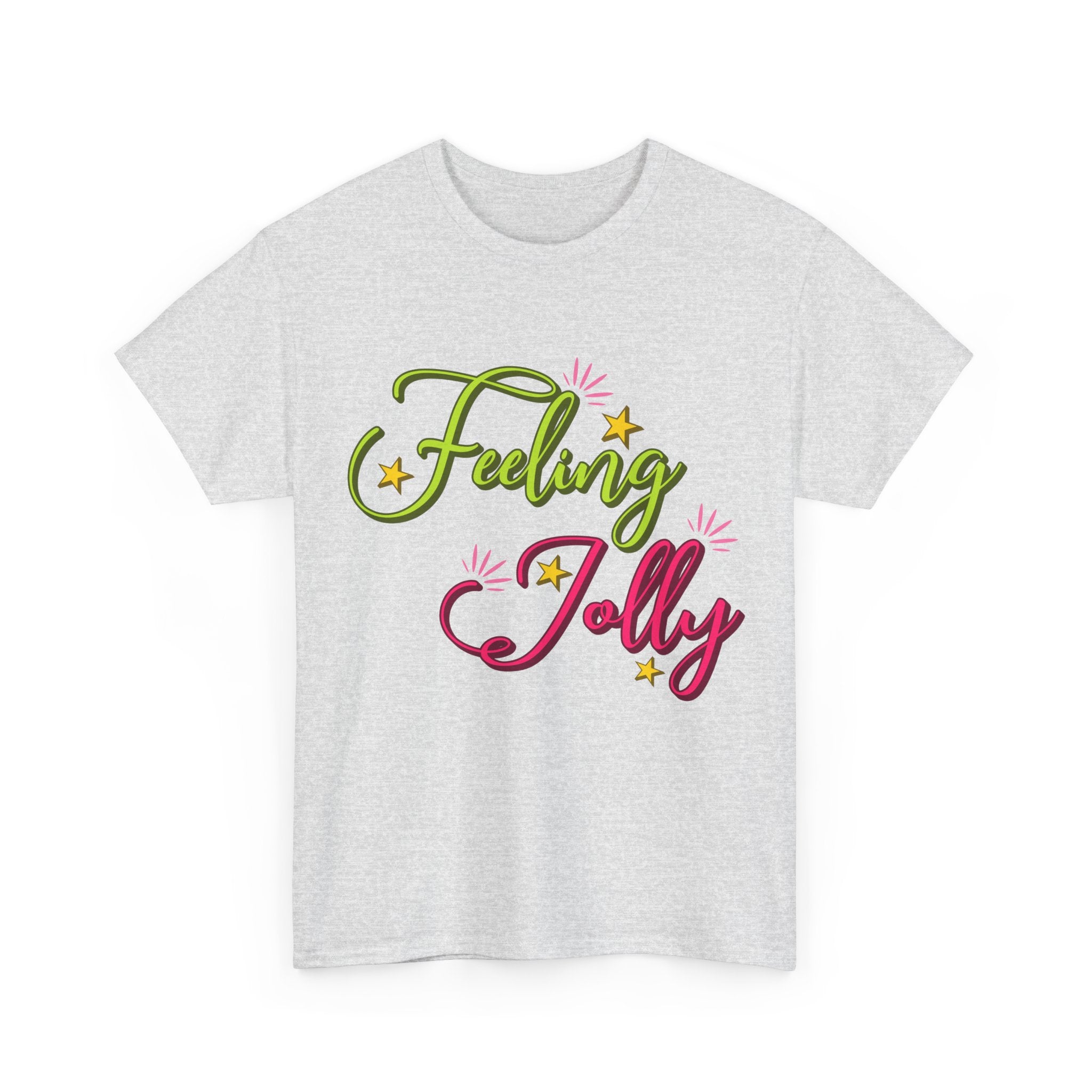 Feeling Jolly Tee — Festive Green & Pink Script with Yellow Stars Unisex Cotton Tee