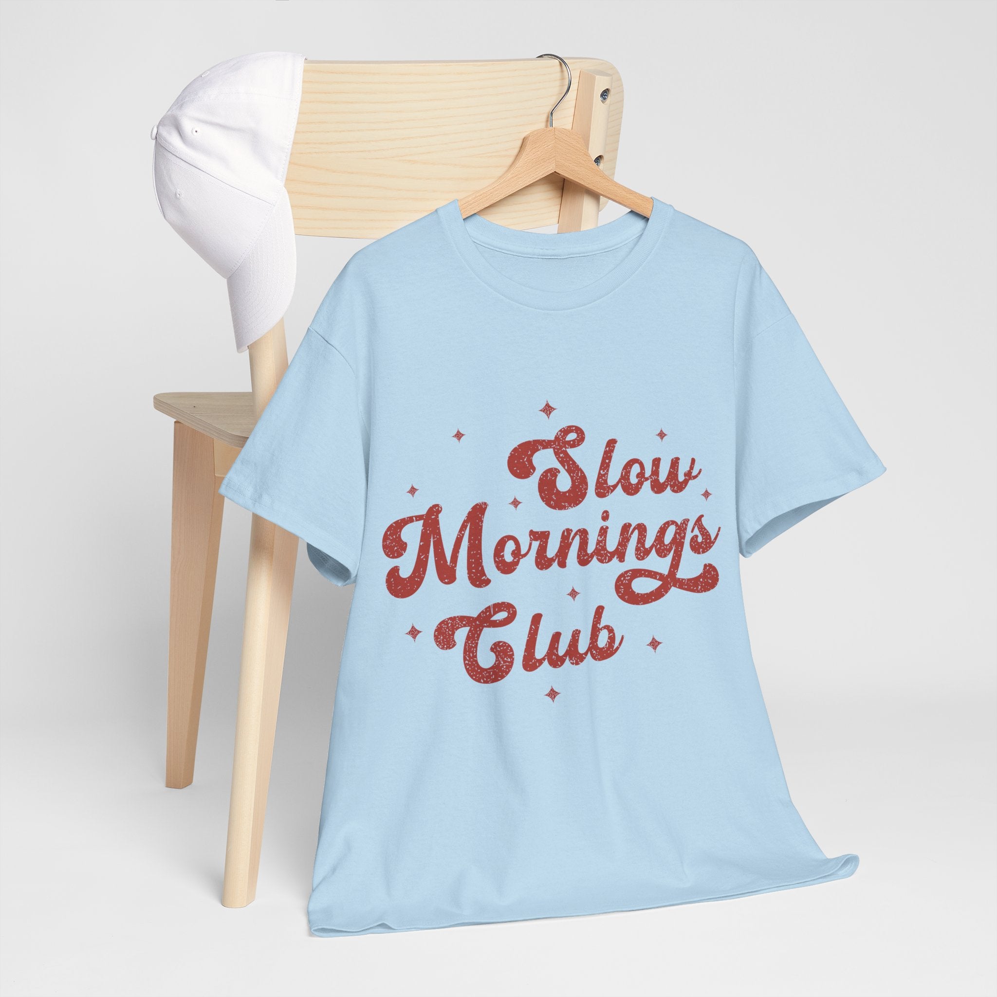 Slow Mornings Club T-Shirt — Retro Red Sparkle Unisex Cotton Tee