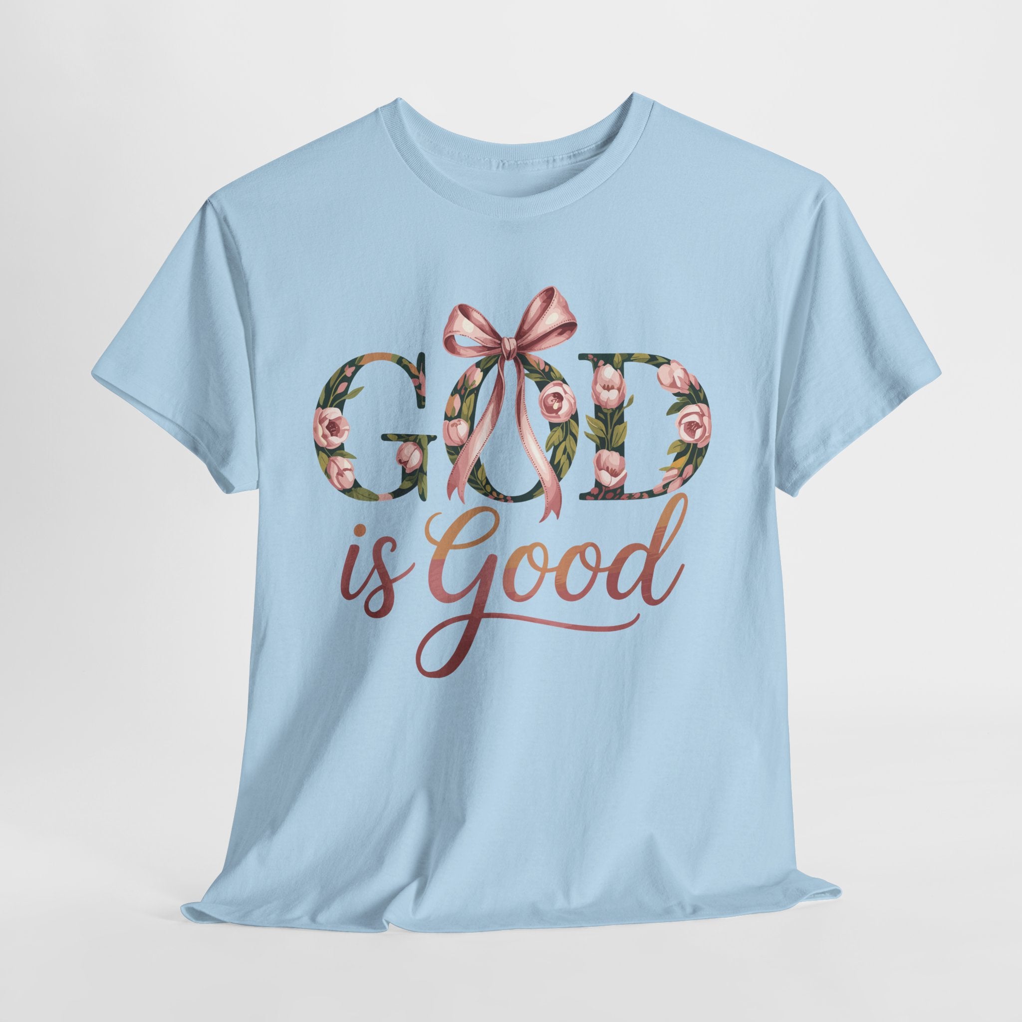 God Is Good Pink Rose Tee — Floral Ribbon Faith Unisex Cotton T-Shirt