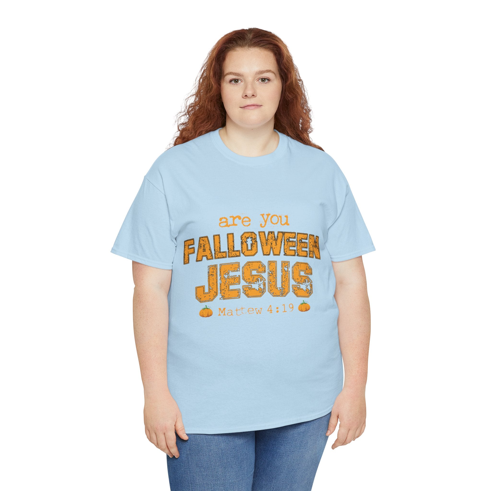 Christian Halloween T-Shirt — “Are You Falloween Jesus? Matthew 4:19” Distressed Pumpkin Design. Unisex Cotton Tee
