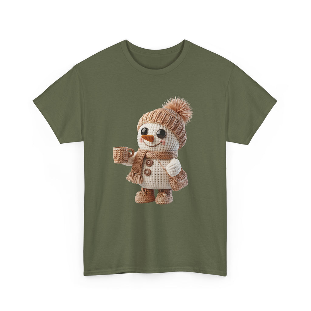Cozy Snowman Tee — Smiling Snowman with Mug, Scarf & Beanie. Unisex Cotton Tee
