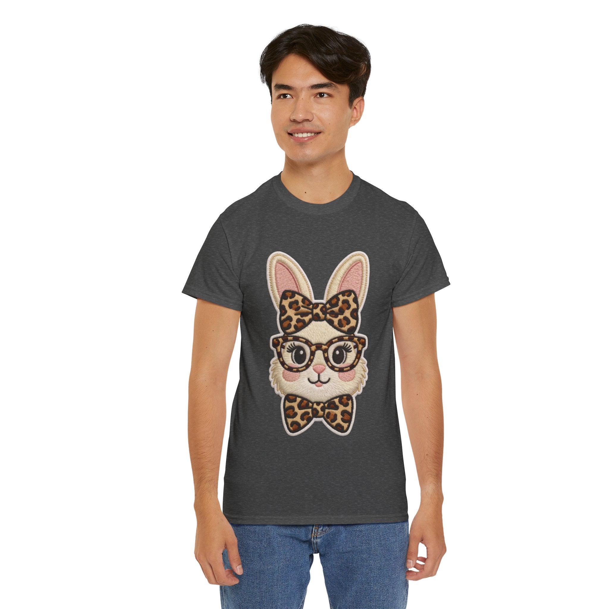 Leopard Bow Bunny Embroidered Tee — Cute Bunny Face with Glasses Patch Unisex Cotton Tee