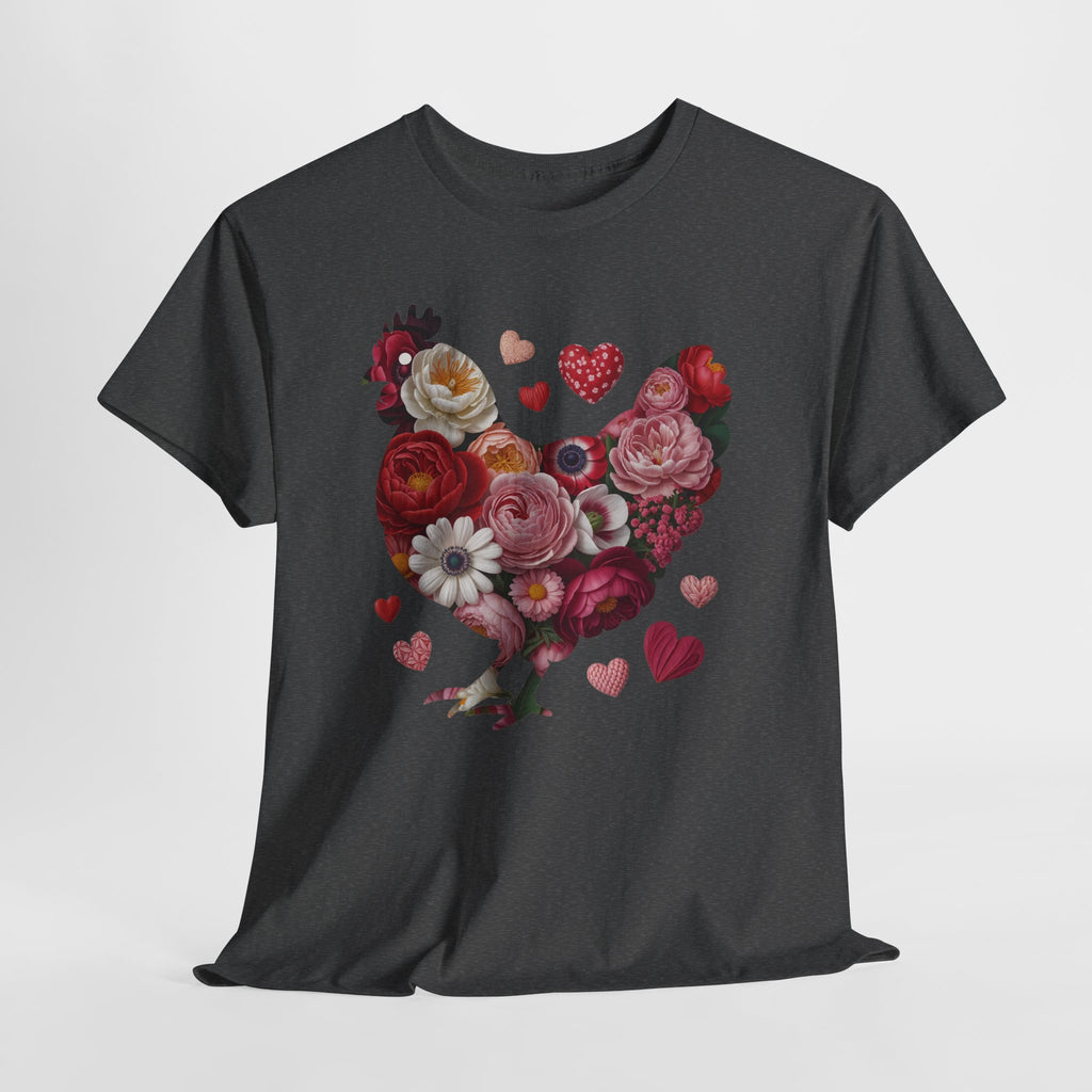 Floral Chicken Heart Tee — Red & Pink Flower Silhouette Unisex Cotton Tee
