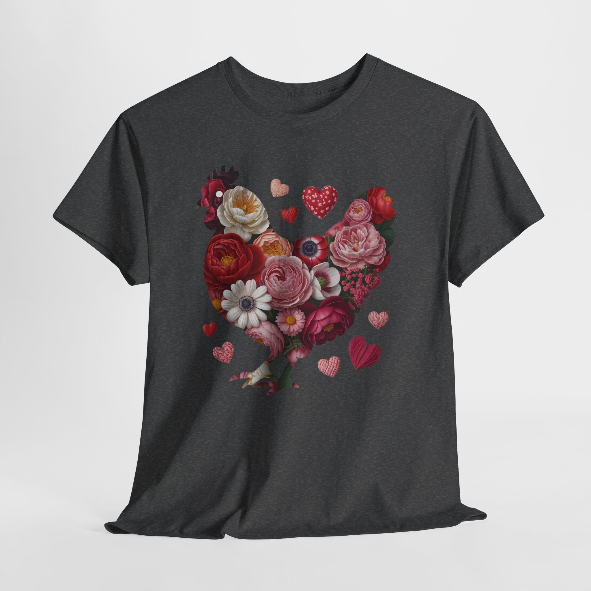 Floral Chicken Heart Tee — Red & Pink Flower Silhouette Unisex Cotton Tee