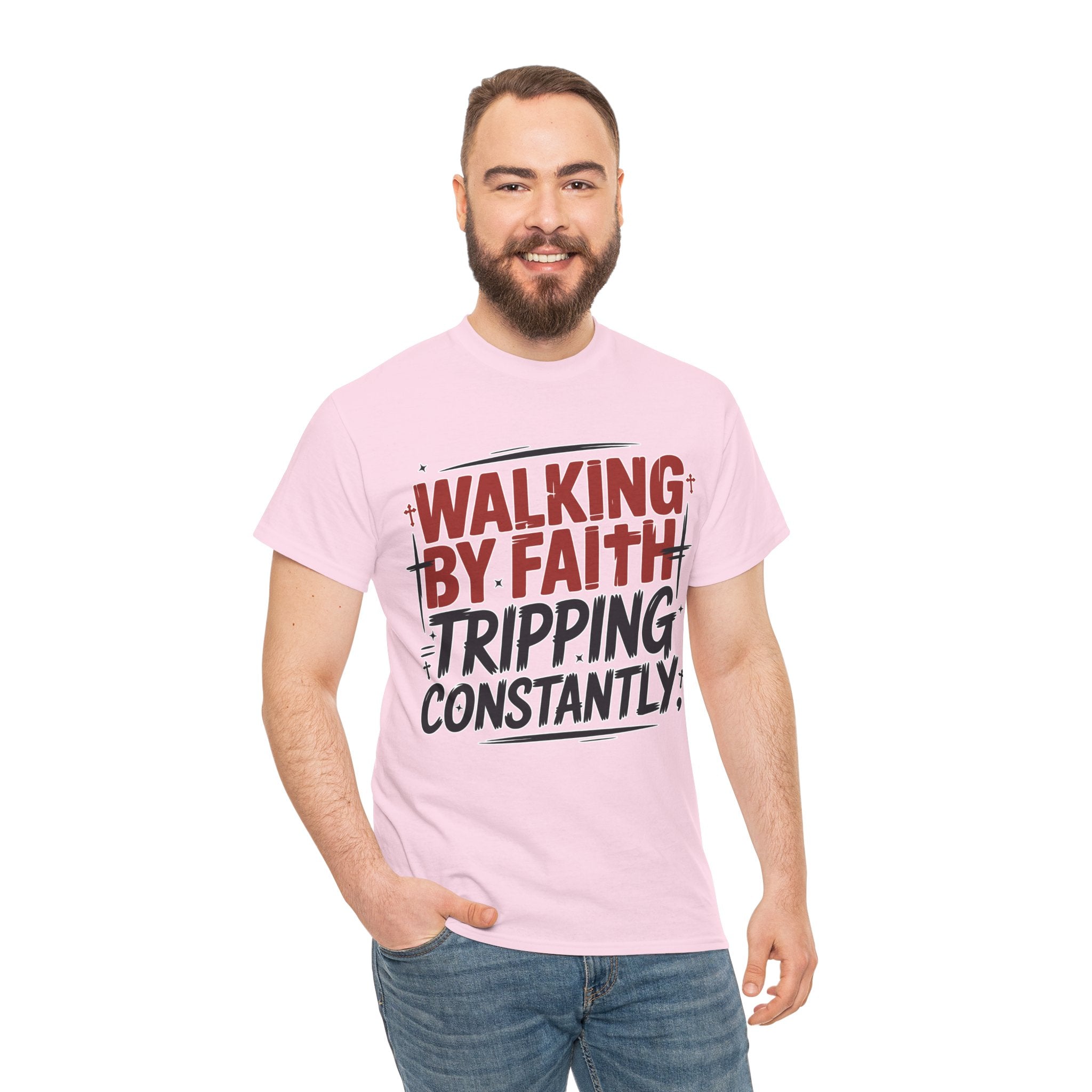 Walking by Faith, Tripping Constantly Unisex Cotton T-Shirt