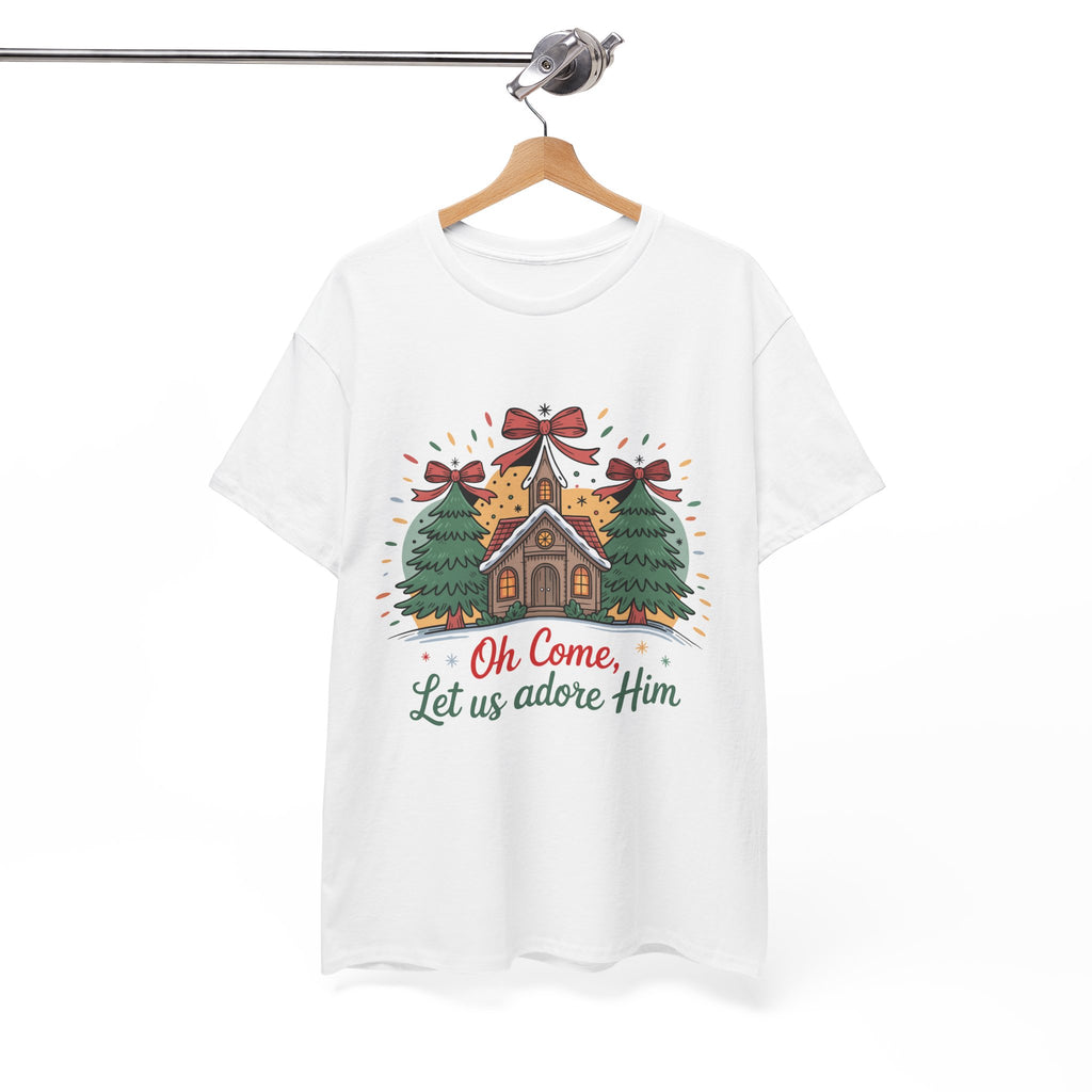 Oh Come Let Us Adore Him Christmas Tee — Church & Trees Holiday Unisex Cotton Tshirt