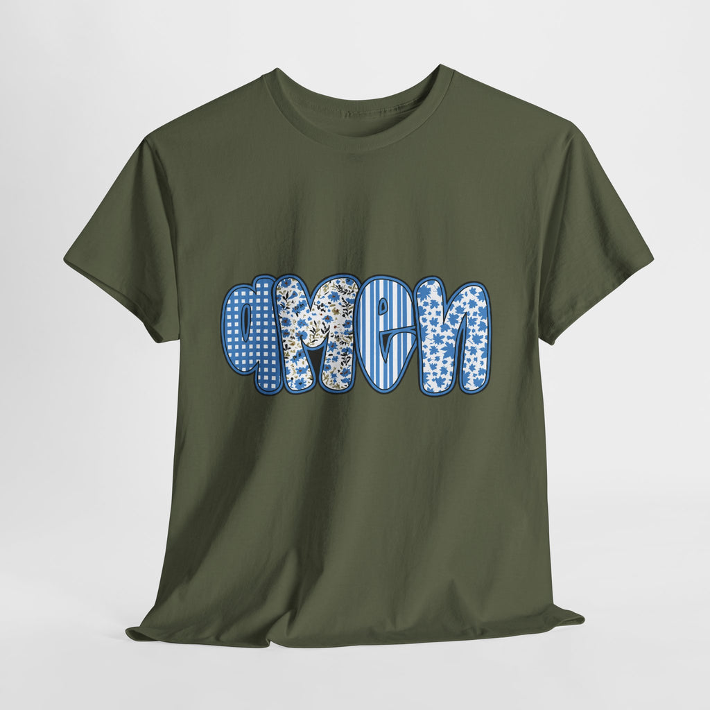 Amen Blue Floral Tee — Decorative Floral Lettering Christian Shirt Unisex Cotton Tee