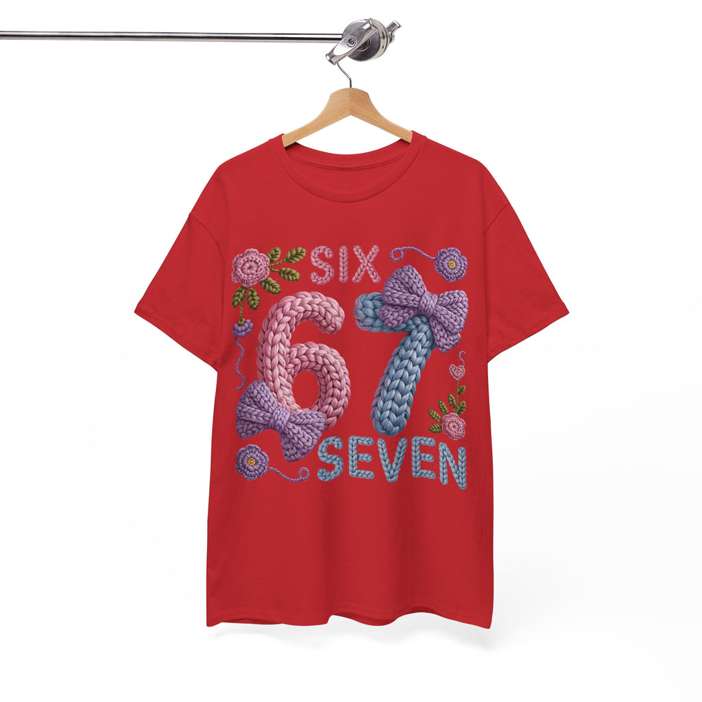 Pastel Crochet Numbers 6 & 7 Tee — Faux-Yarn Bows & Flowers. Unisex Cotton Tee