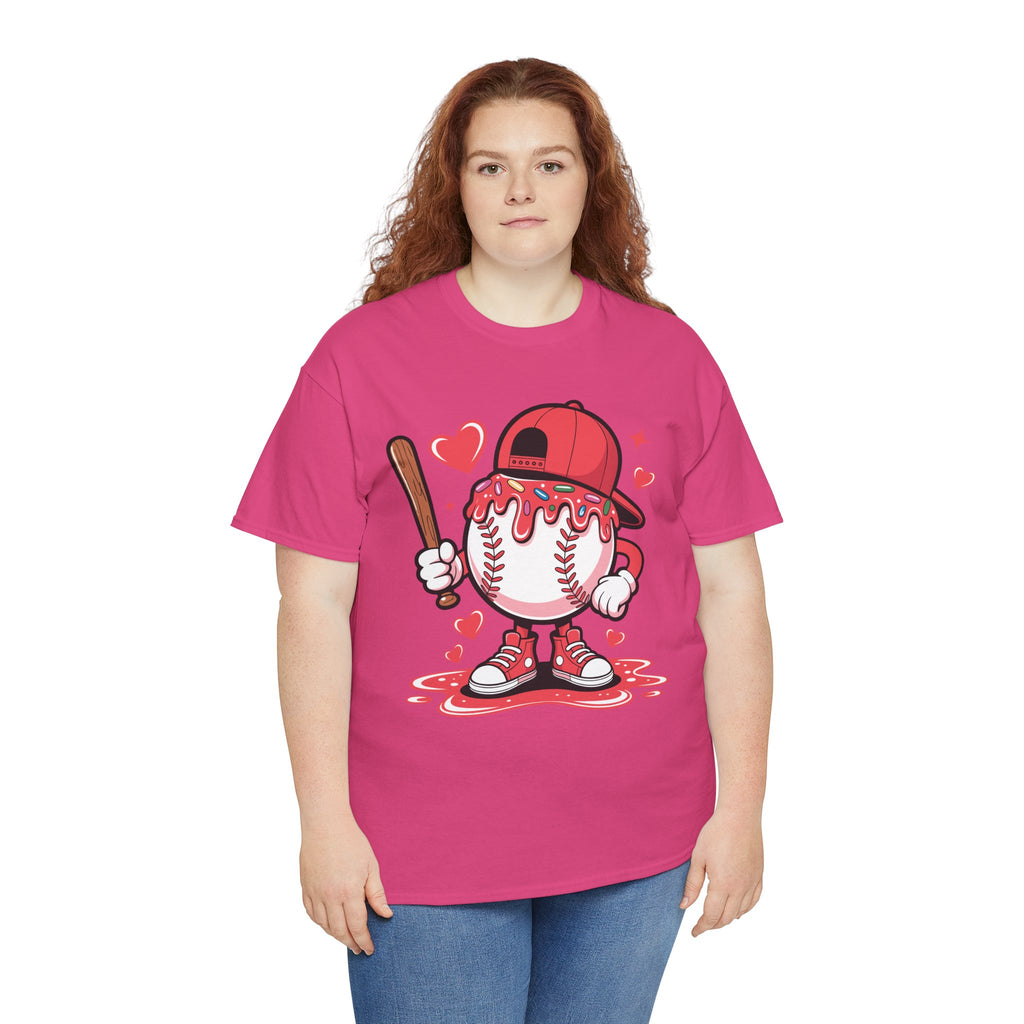 Cute Baseball Character T-Shirt — Red Cap & Icing Top Graphic with Hearts Unisex Cotton Tee