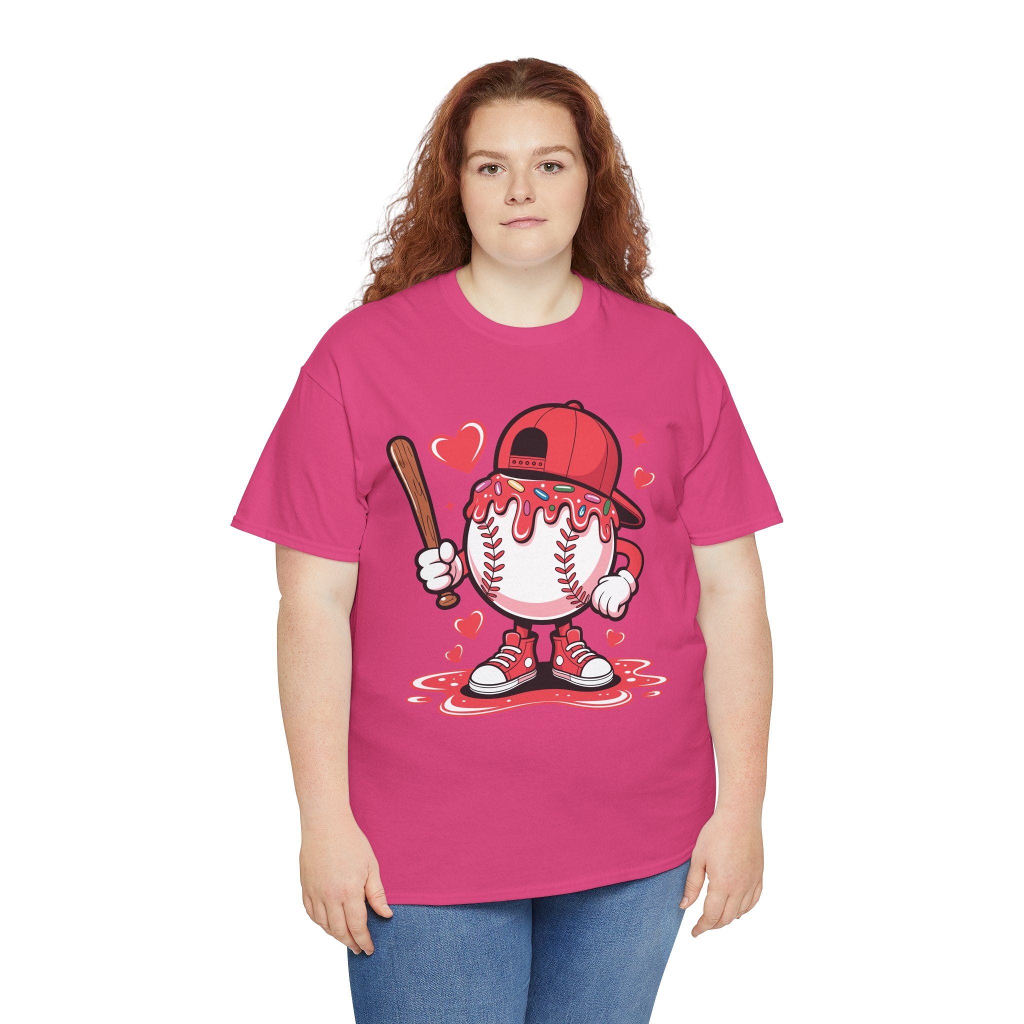 Cute Baseball Character T-Shirt — Red Cap & Icing Top Graphic with Hearts Unisex Cotton Tee