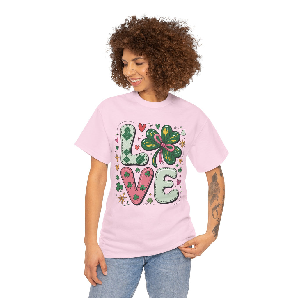 Stitched Clover 'LOVE' Tee — Heart & Patchwork St. Patrick's Unisex Cotton T-Shirt