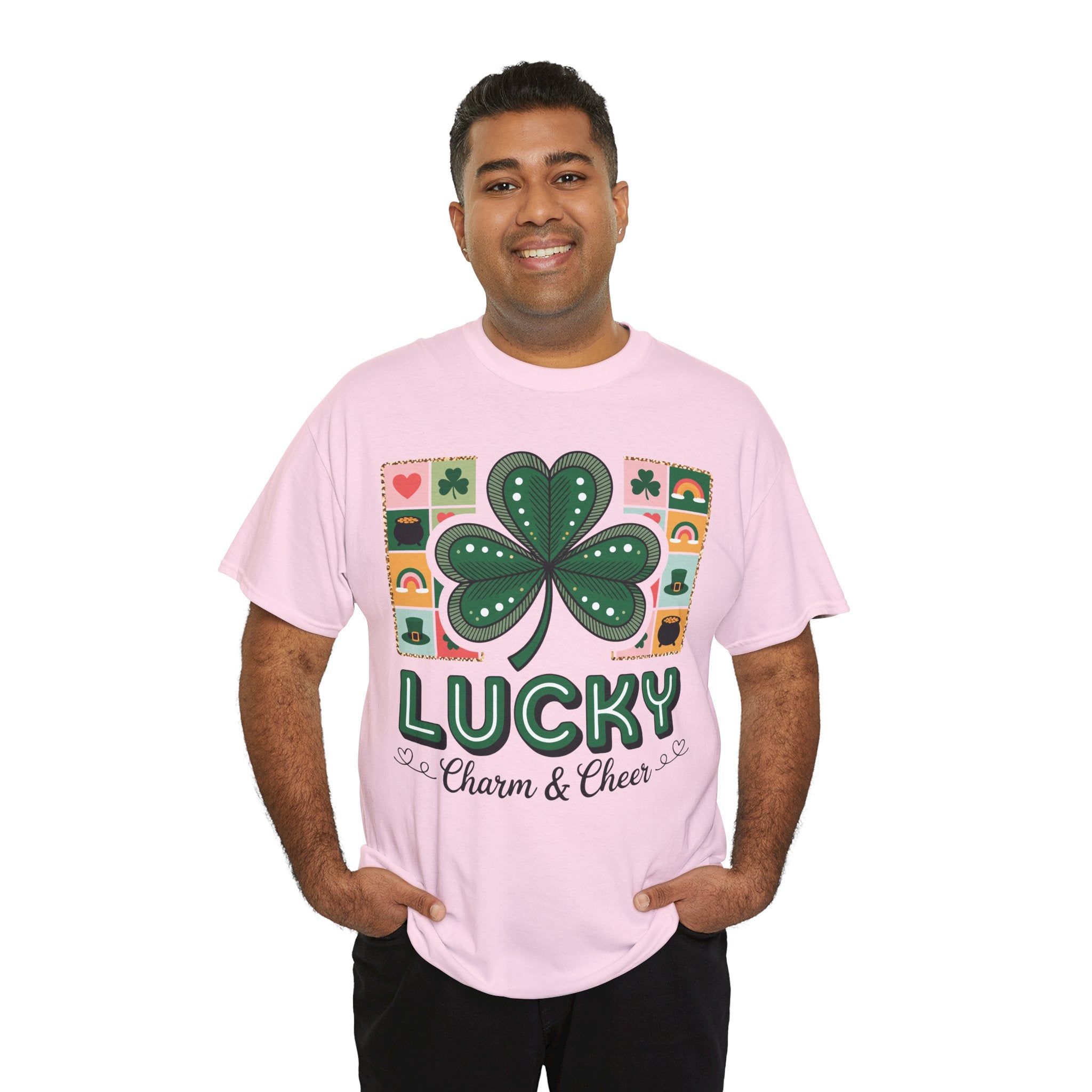 Lucky Charm & Cheer Clover Tee — Patchwork St. Patrick’s Day Unisex Cotton T-Shirt