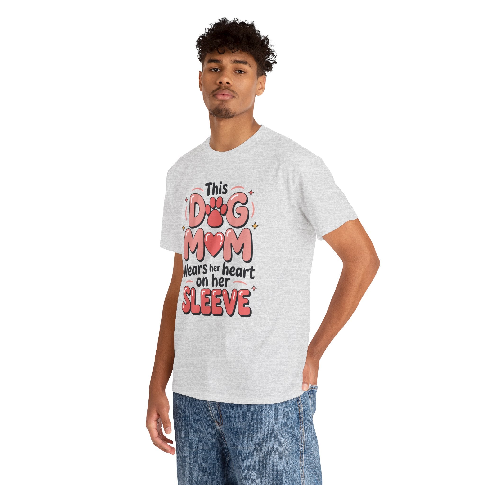 Dog Mom T-Shirt — "This Dog Mom Wears Her Heart on Her Sleeve" Paw & Heart Unisex Cotton Tee