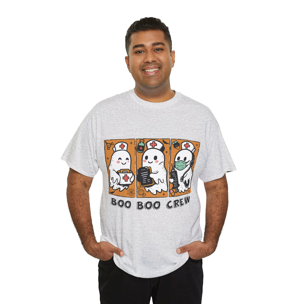 Halloween Nurse T-Shirt — Ghost Nurses Holding Medical Tools on Orange Unisec Cotton Tee