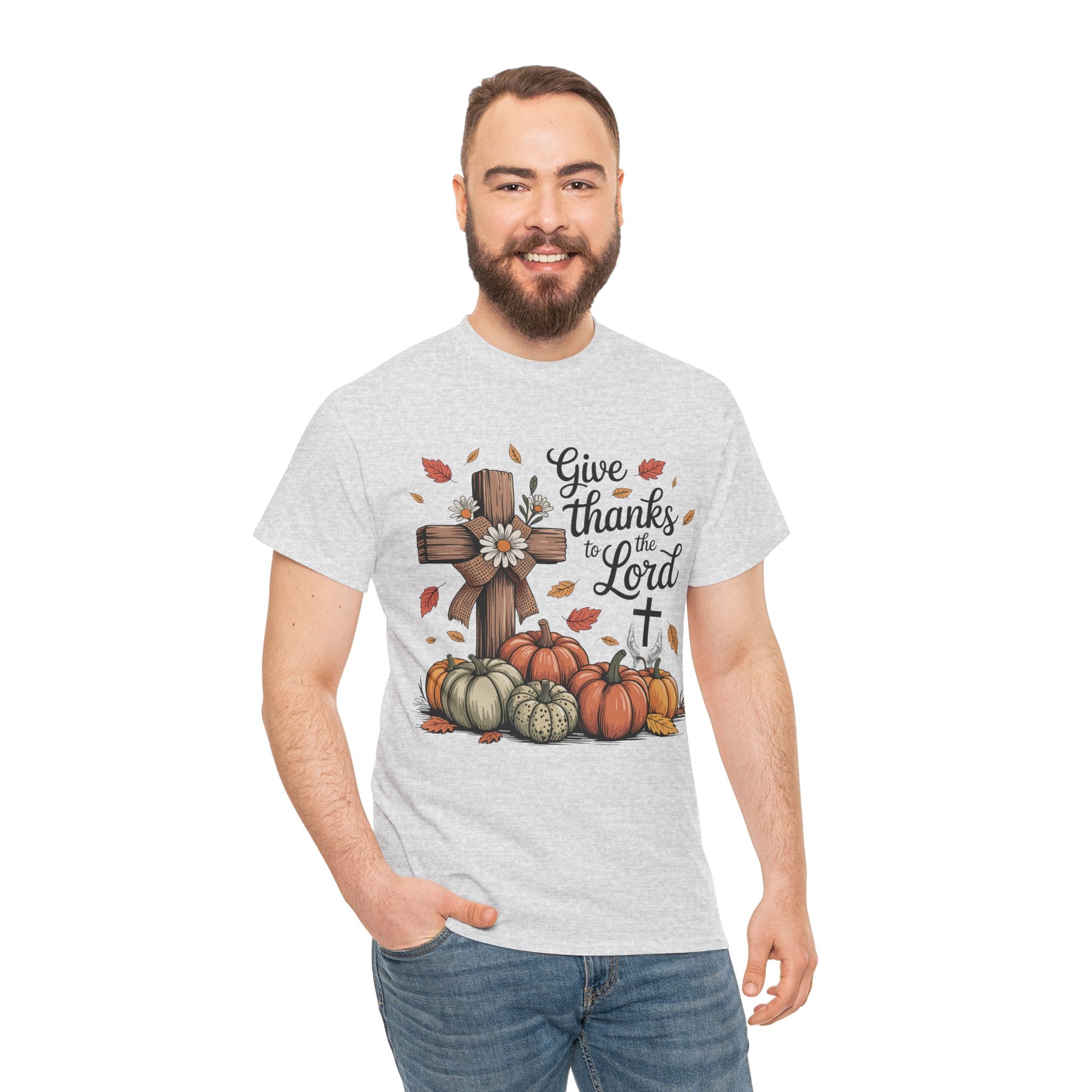 Give Thanks to the Lord Autumn Tee — Wooden Cross, Pumpkins & Daisies..Unisex Cotton Tee