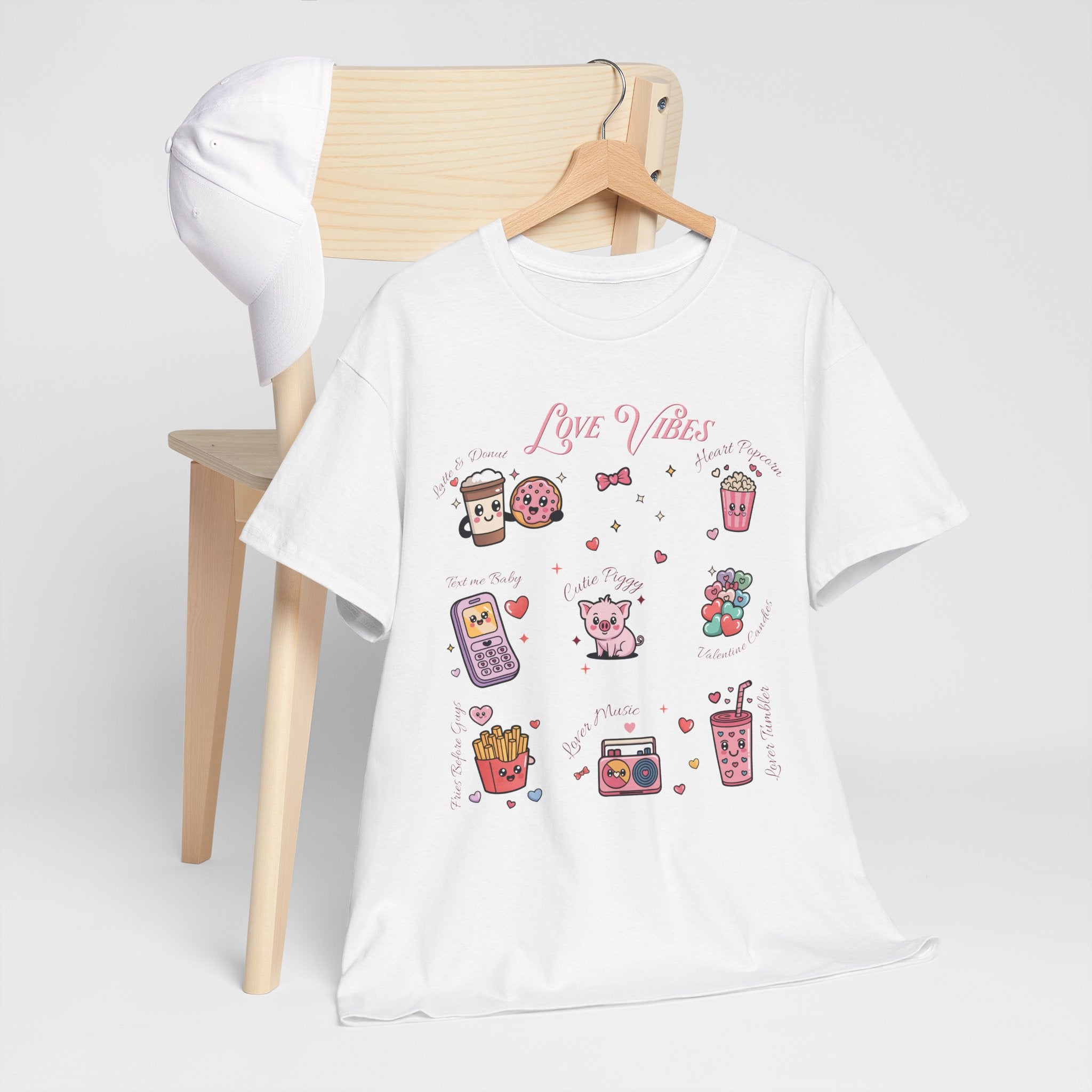 Love Vibes Kawaii Valentine T-Shirt — Cute Donut, Coffee & Piglet Design Unisex Cotton Tee