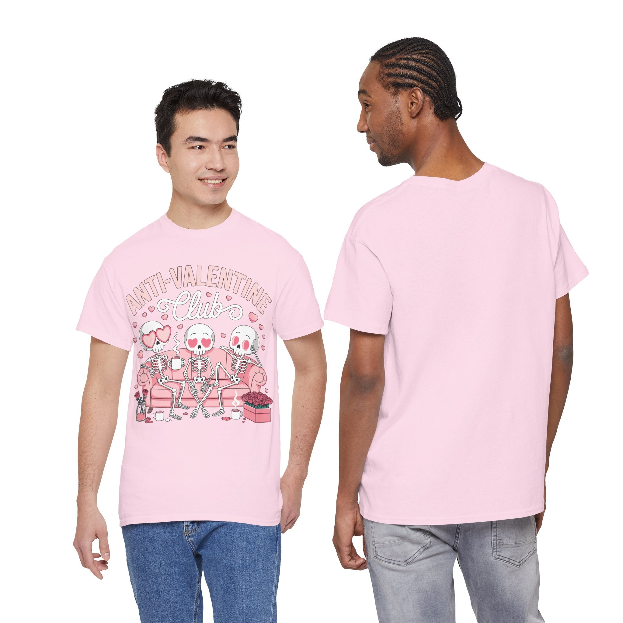 Anti-Valentine Club Skeleton Tee — Anti-Romance Pink Couch Graphic Unisex Cotton T-Shirt
