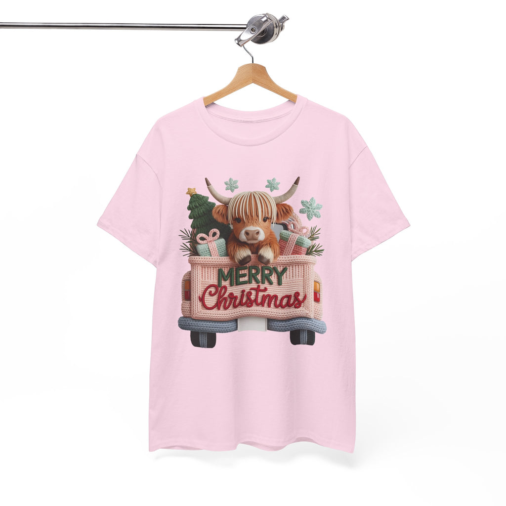 Merry Christmas Highland Cow Knit Truck Unisex Cotton T-Shirt