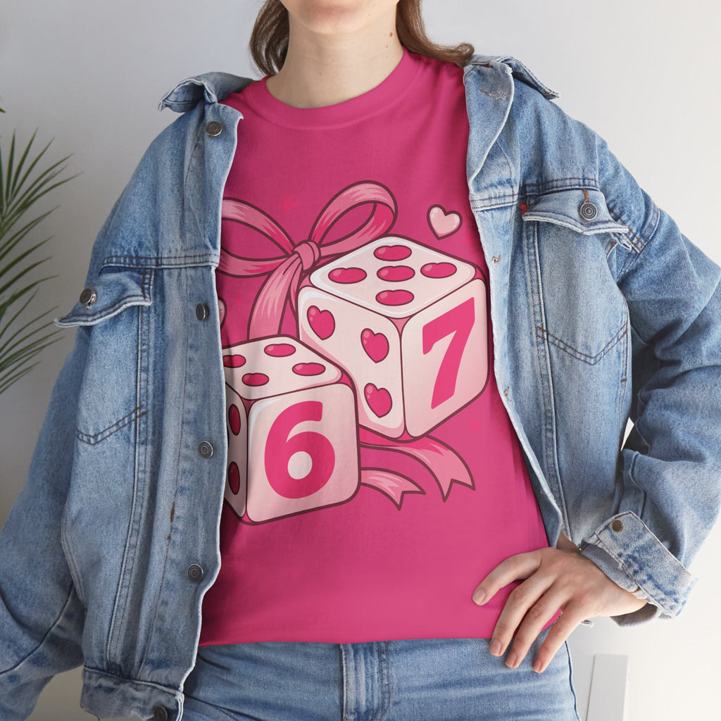 Lucky Love Dice T-Shirt — Pink Heart Dice with Bow..Unisex Cotton Tee