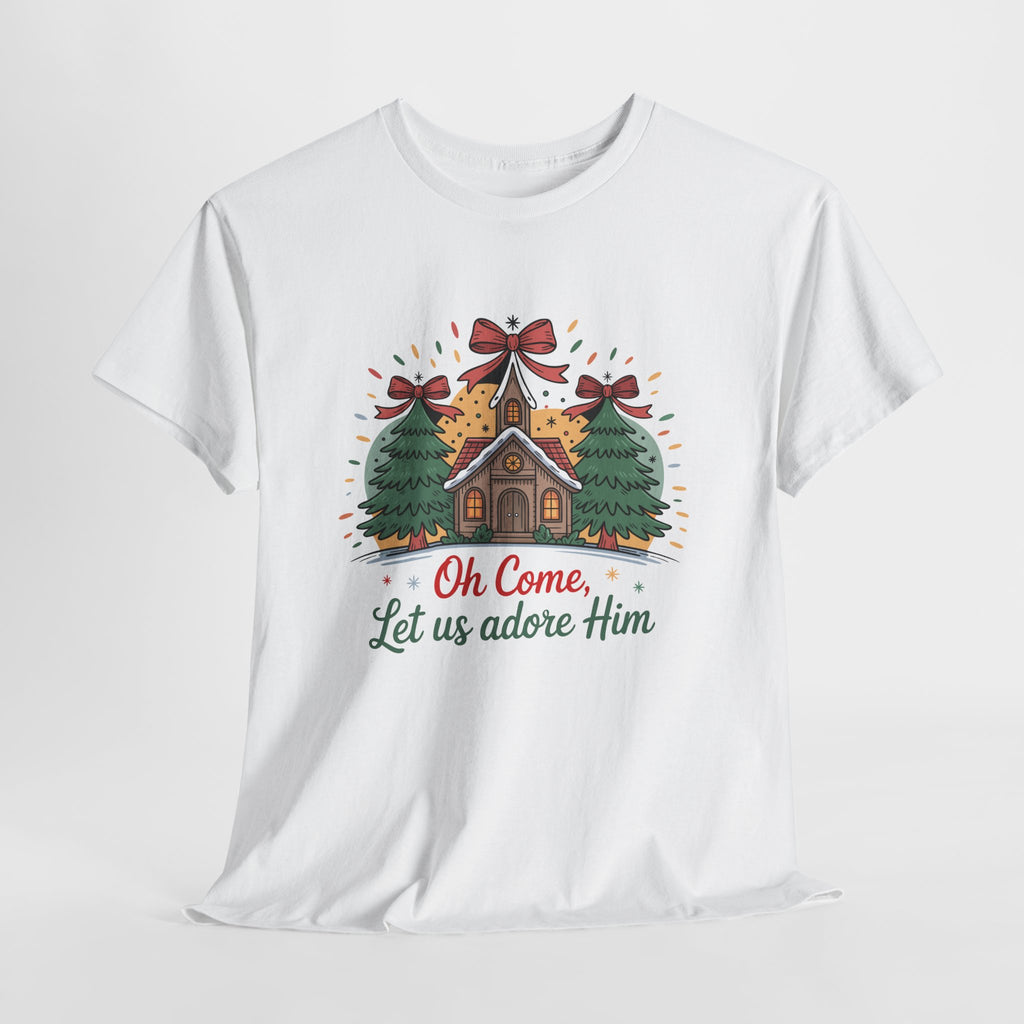 Oh Come Let Us Adore Him Christmas Tee — Church & Trees Holiday Unisex Cotton Tshirt