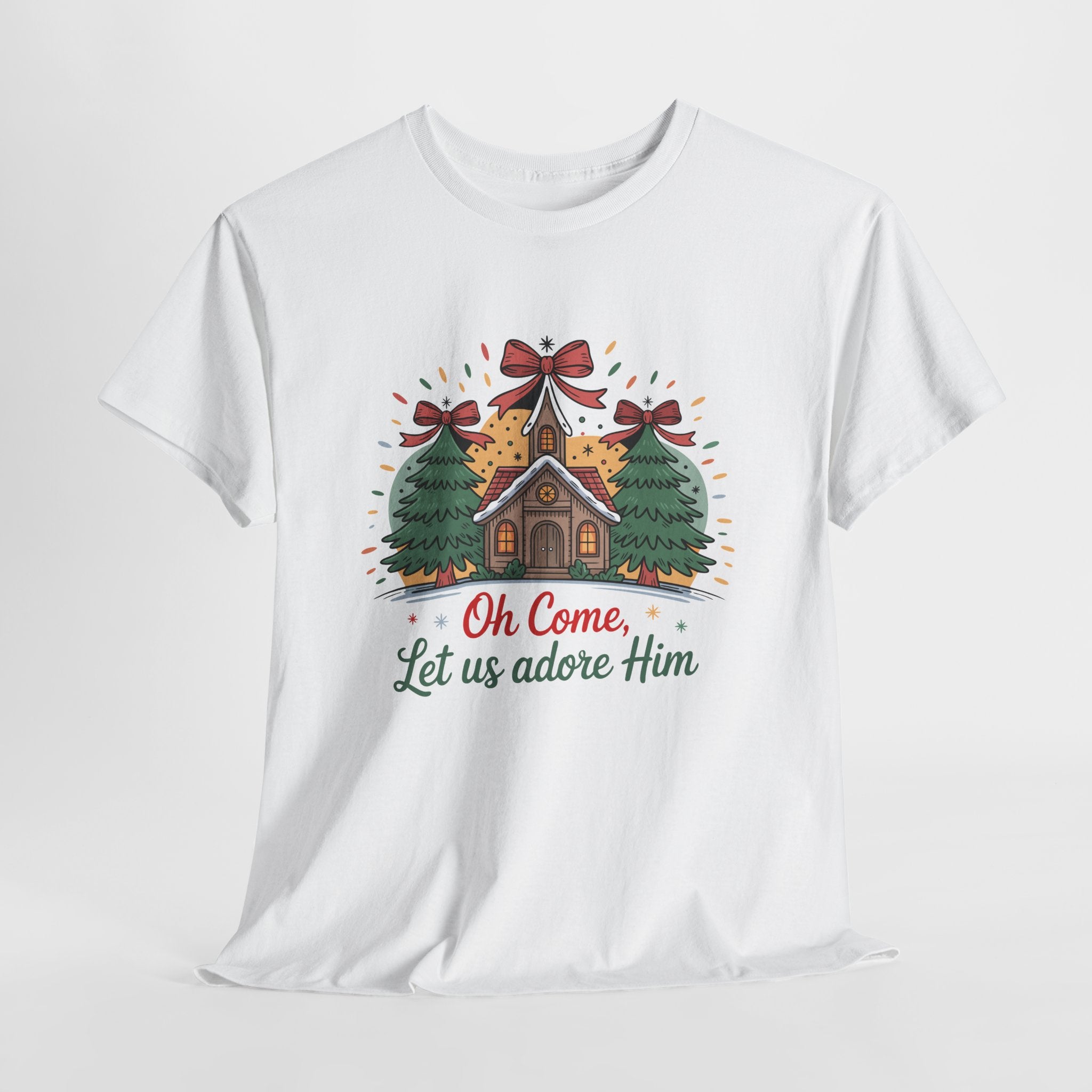 Oh Come Let Us Adore Him Christmas Tee — Church & Trees Holiday Unisex Cotton Tshirt