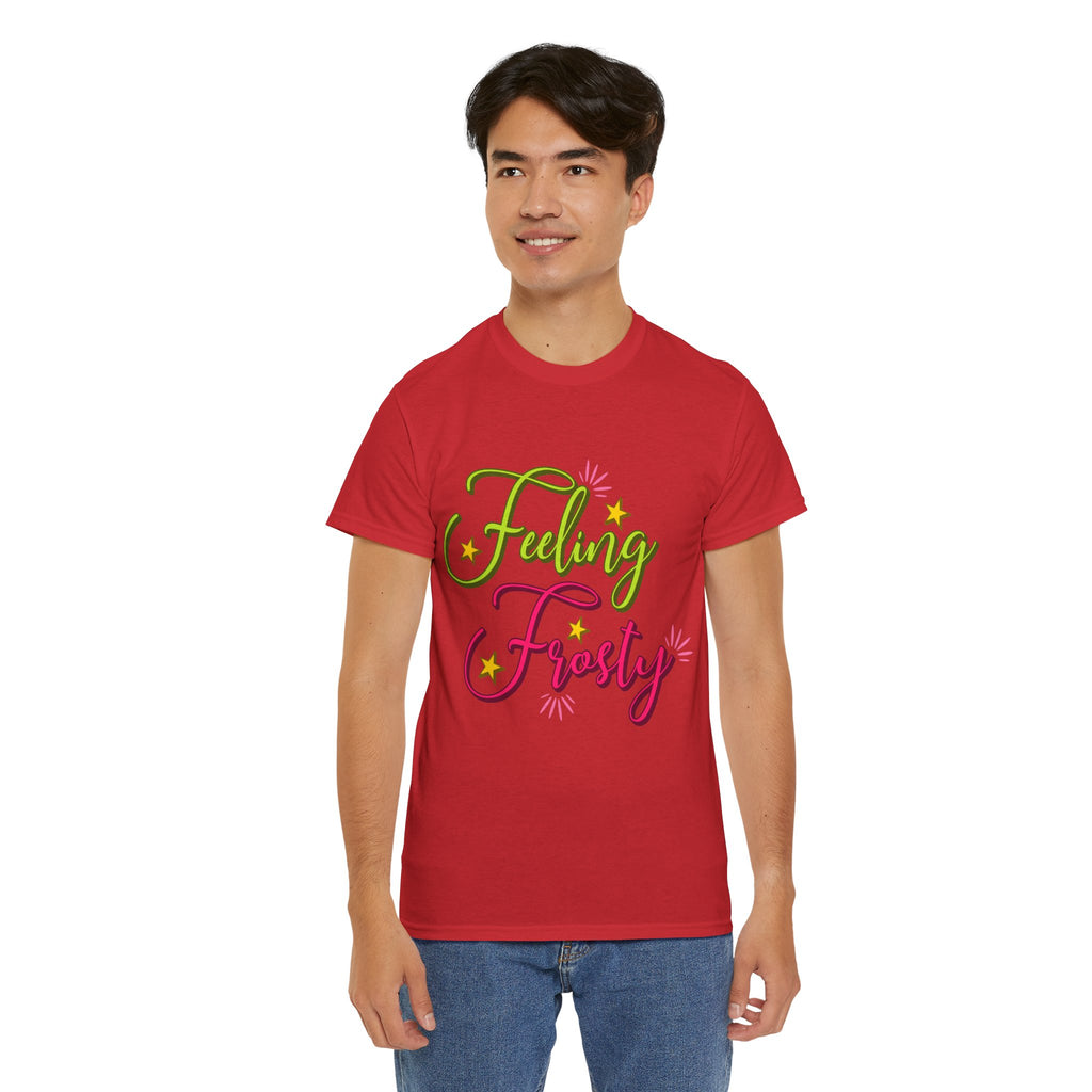 Feeling Frosty Holiday T-Shirt — Green & Pink Script Stars.Unisex Cotton Tee