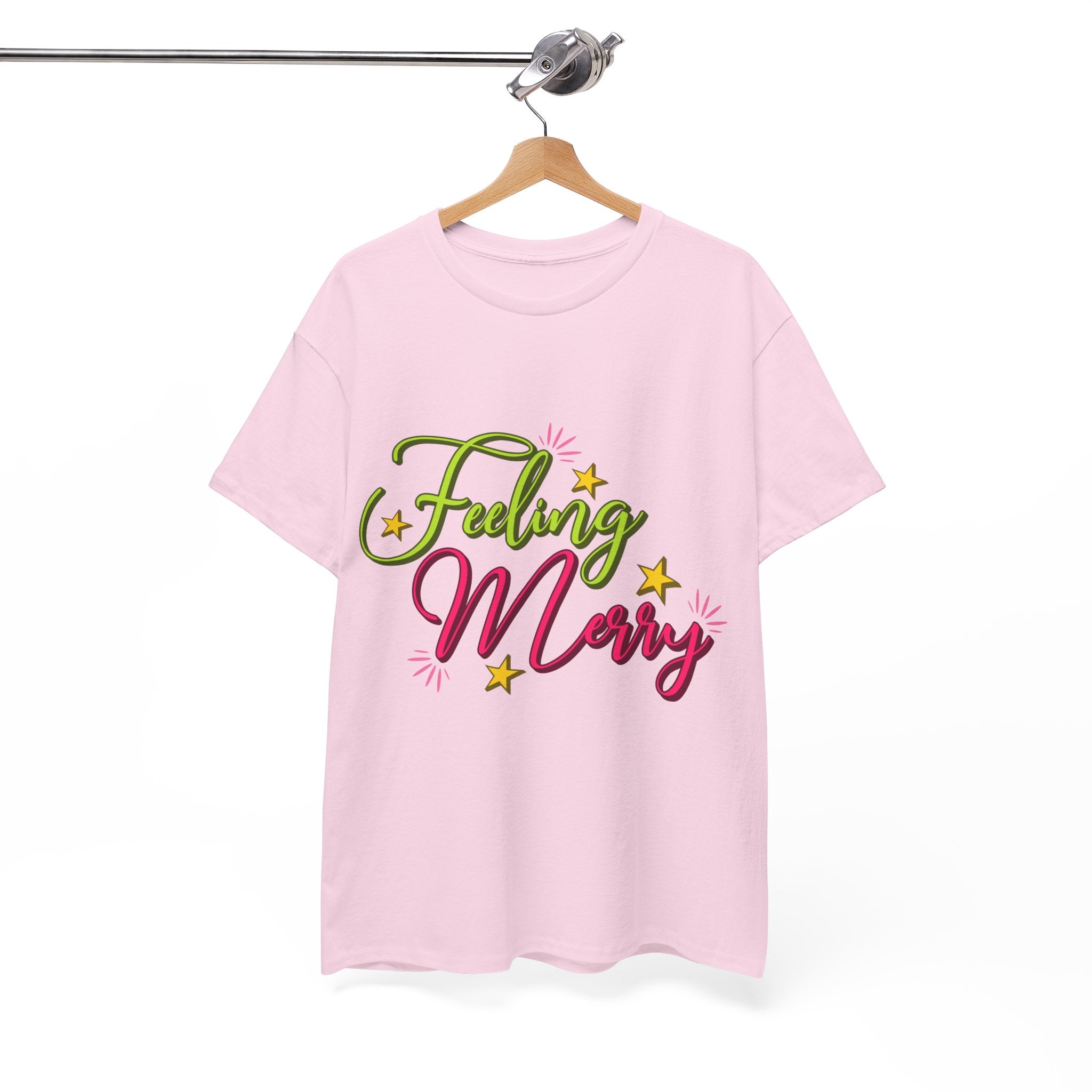 Feeling Merry T-Shirt — Bright Green & Pink Holiday Tee with Stars.Unisex Cotton Tee