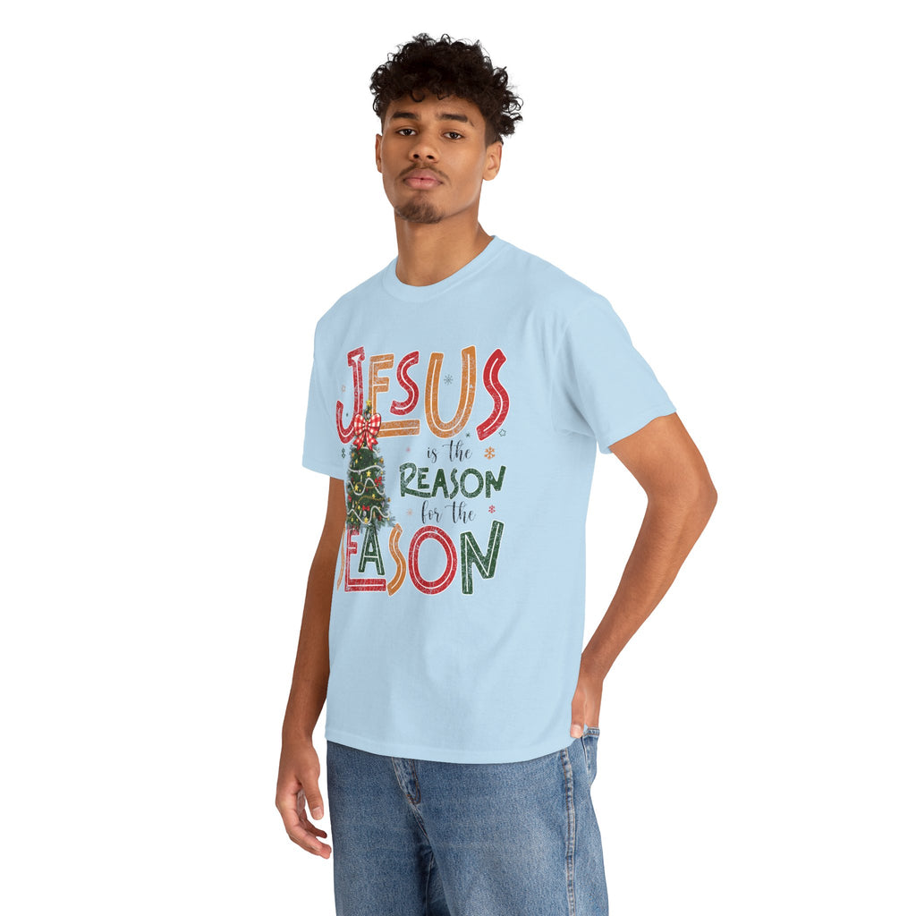 Jesus Is the Reason for the Season Christmas T-Shirt — Plaid Bow Tree..Unisex Cotton Tee