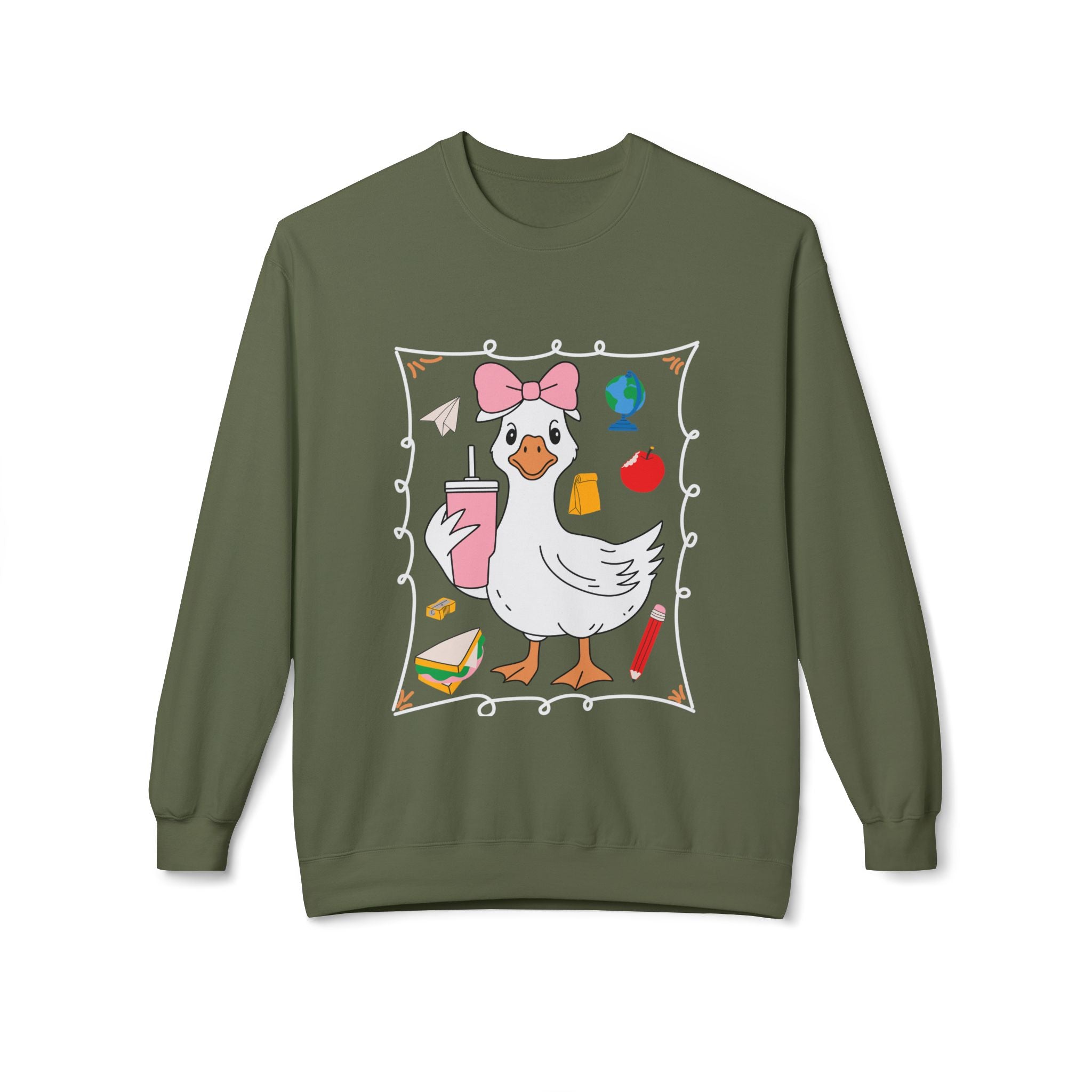 Cute Goose Drinking Fleece Crewneck Sweatshirt- Unisex