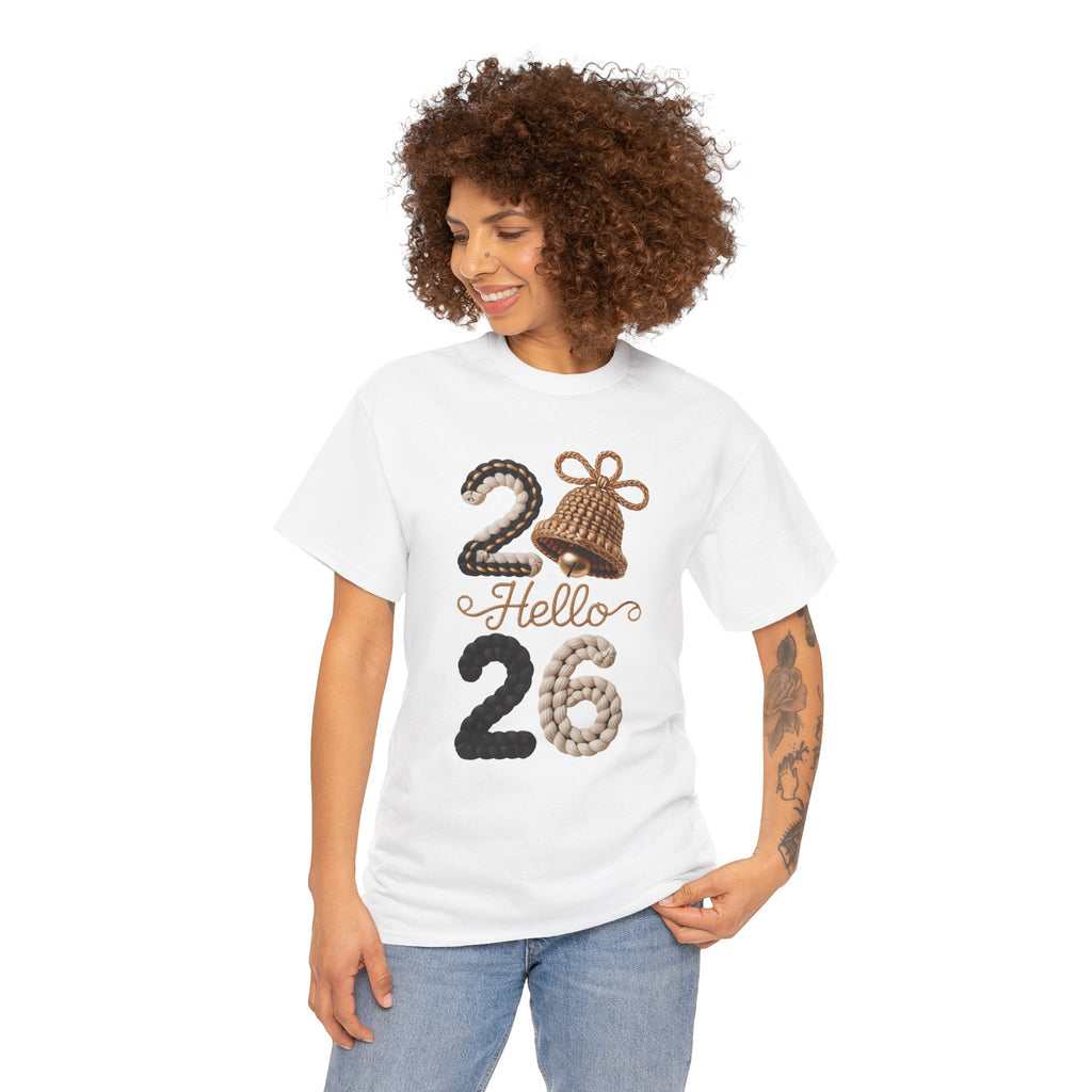 Hello 2026 Tee — Cozy Faux Yarn Braided Numbers with Woven Golden Bell..Unisex Cotton Tee