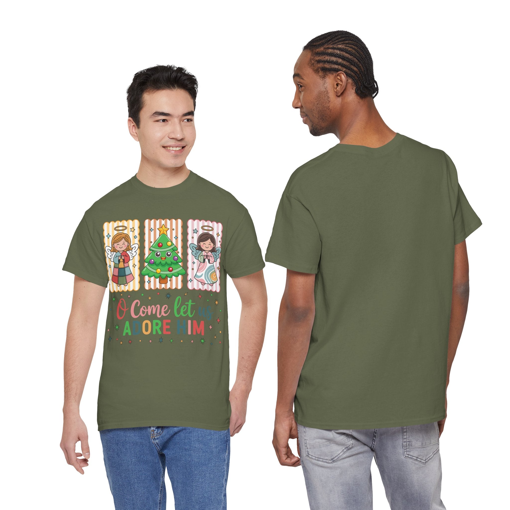 O Come Let Us Adore Him Christmas Tee — Smiling Angels & Happy Tree..Unisex Cotton Tee