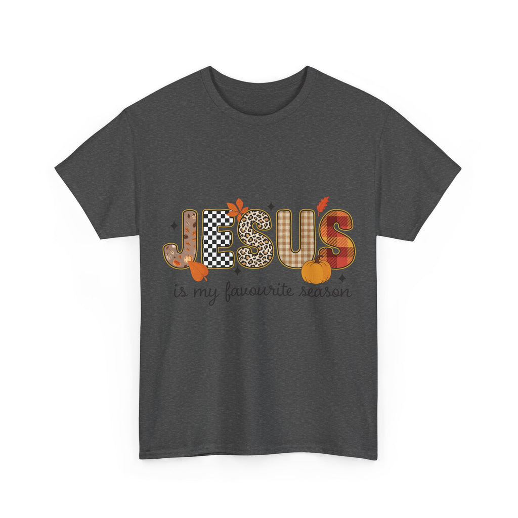 Jesus Is My Favorite Season Tee — Autumn Plaid & Leopard Lettering Unisex Cotton Tee