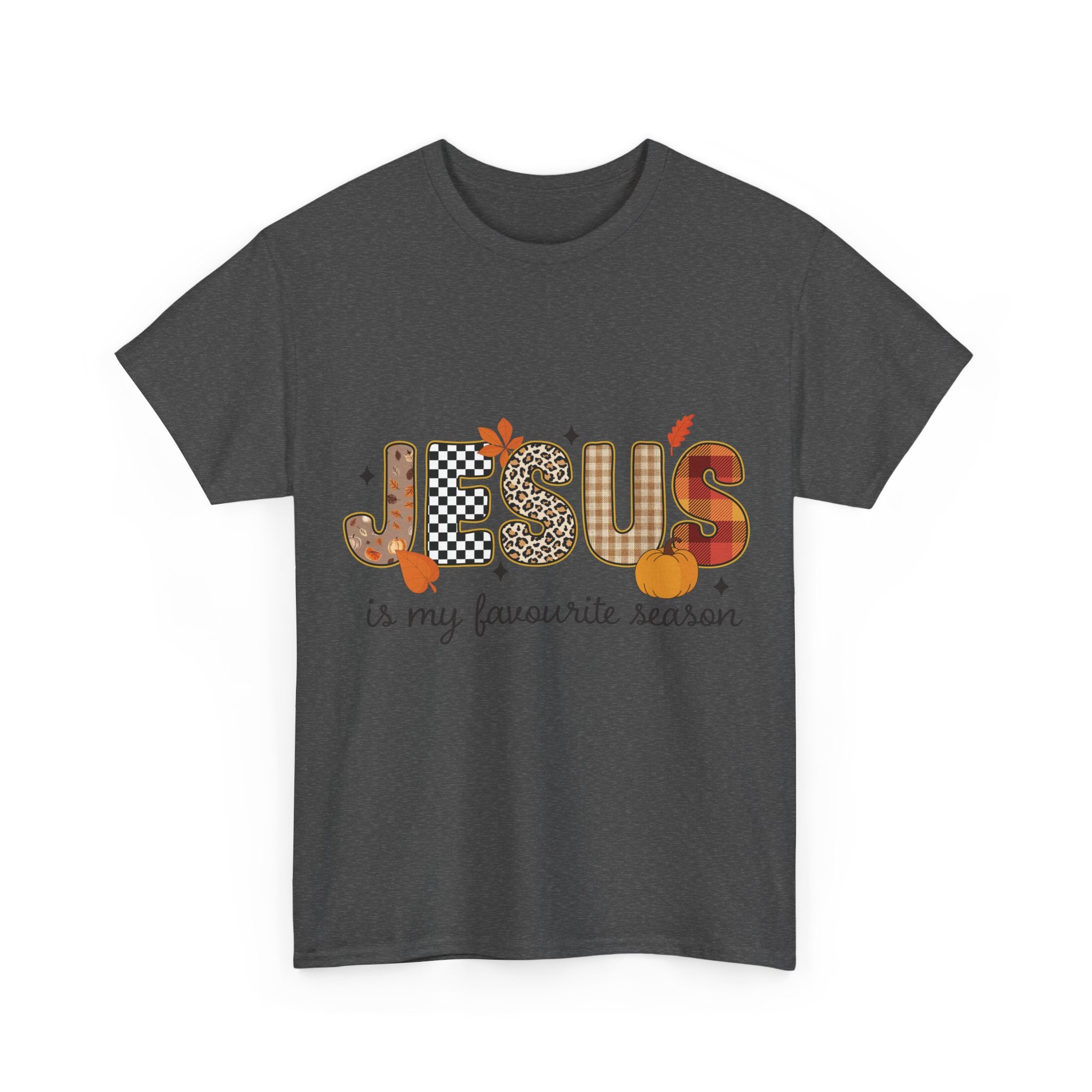 Jesus Is My Favorite Season Tee — Autumn Plaid & Leopard Lettering Unisex Cotton Tee