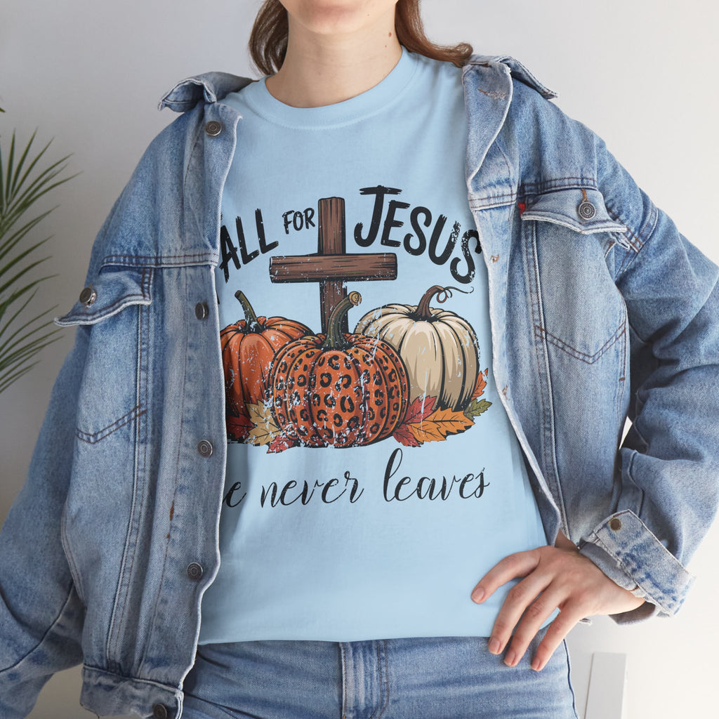 Fall for Jesus Pumpkin Cross Tee — "He Never Leaves" Autumn Christian Unisex Cotton T-Shirt