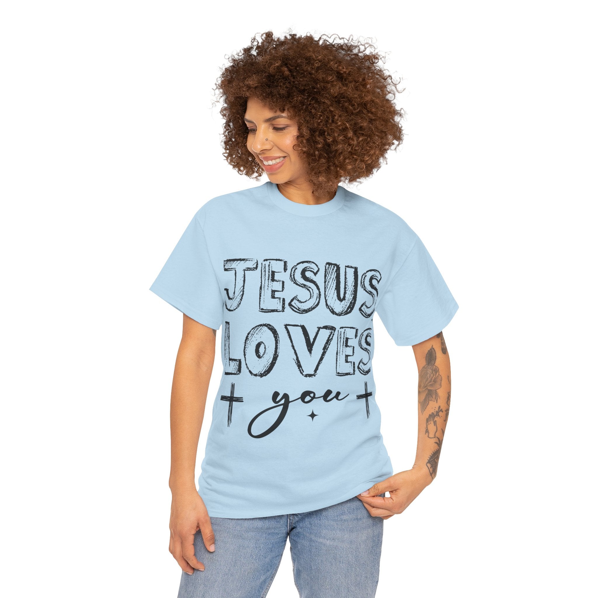 Jesus Loves You Chalk-Style Tee — Crosses & Stars Christian UNisex Cotton T-Shirt