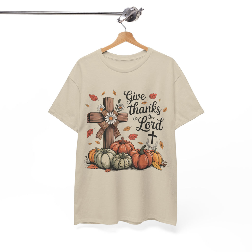 Give Thanks to the Lord Autumn Tee — Wooden Cross, Pumpkins & Daisies..Unisex Cotton Tee
