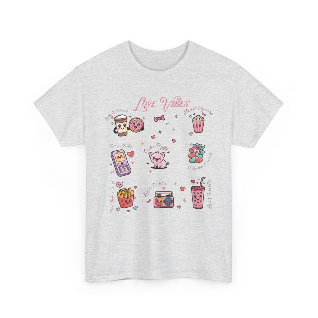 Love Vibes Kawaii Valentine T-Shirt — Cute Donut, Coffee & Piglet Design Unisex Cotton Tee