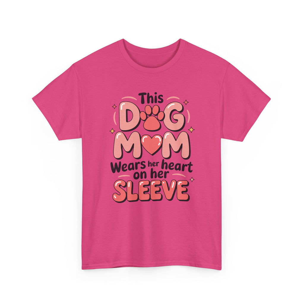 Dog Mom T-Shirt — "This Dog Mom Wears Her Heart on Her Sleeve" Paw & Heart Unisex Cotton Tee