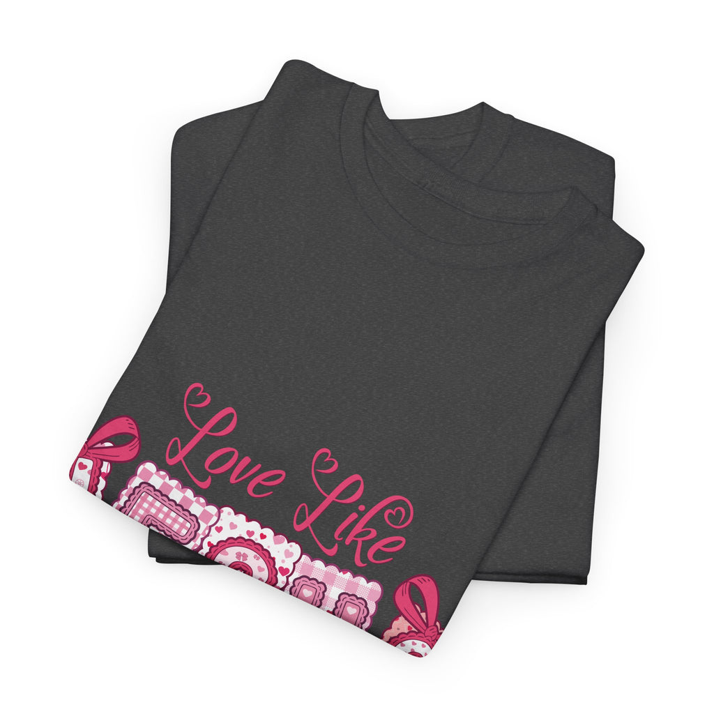 Love Like Jesus Patchwork Tee — Pink Stitched Heart Graphic.Unisex Cotton Tee