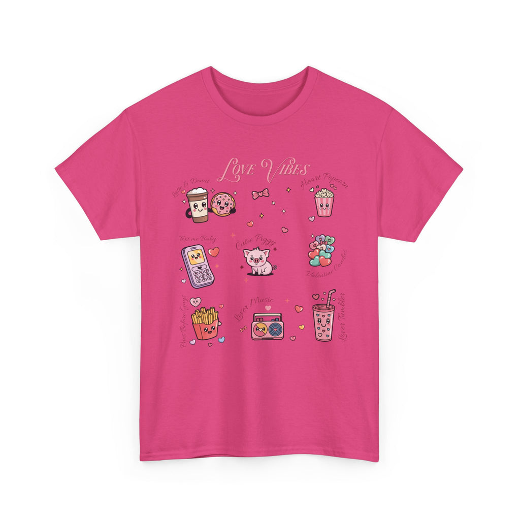 Love Vibes Kawaii Valentine T-Shirt — Cute Donut, Coffee & Piglet Design Unisex Cotton Tee