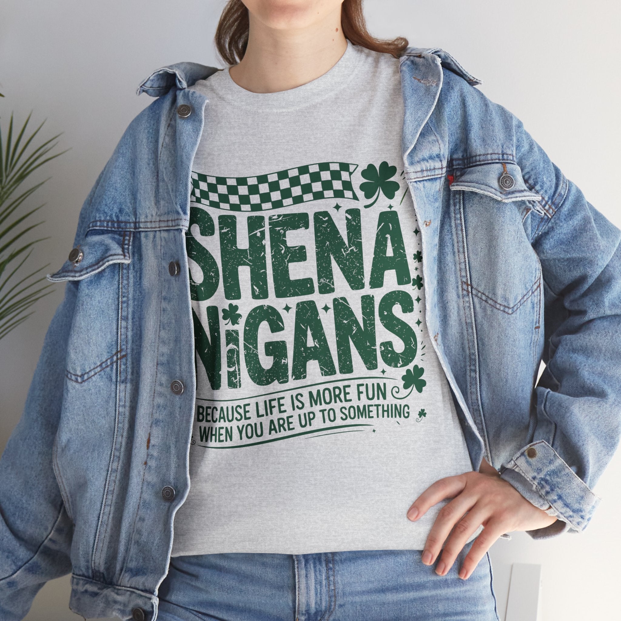 Shenanigans Clover Tee — Bright Green St. Patrick’s Day Shirt with Checkered Flag Unisex Cotton Tee