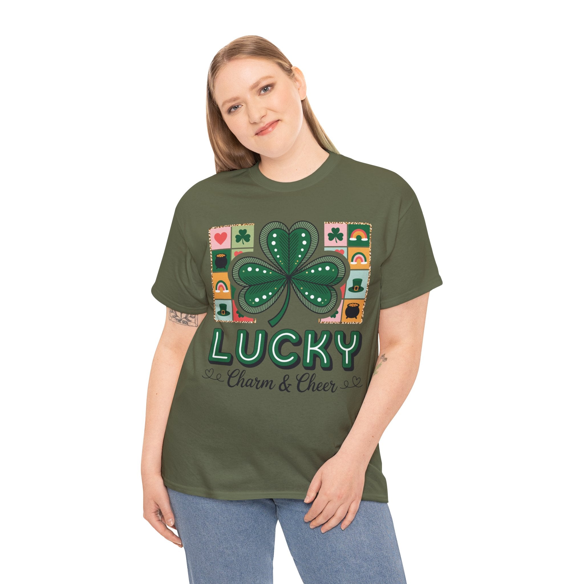 Lucky Charm & Cheer Clover Tee — Patchwork St. Patrick’s Day Unisex Cotton T-Shirt