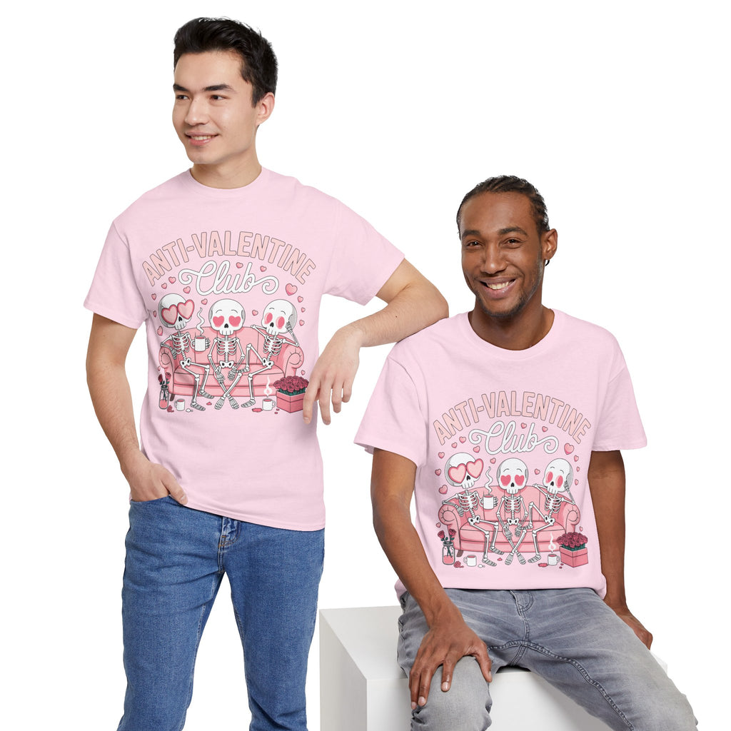 Anti-Valentine Club Skeleton Tee — Anti-Romance Pink Couch Graphic Unisex Cotton T-Shirt