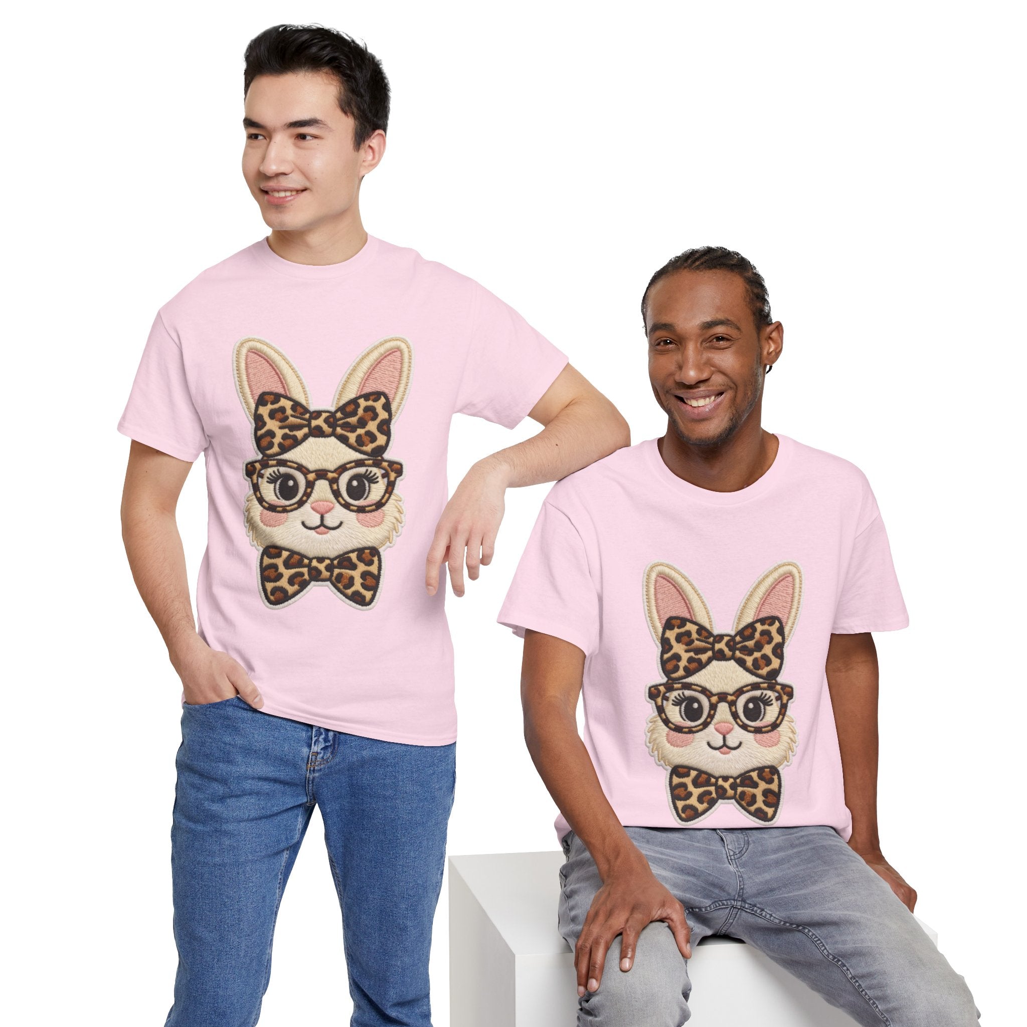 Leopard Bow Bunny Embroidered Tee — Cute Bunny Face with Glasses Patch Unisex Cotton Tee
