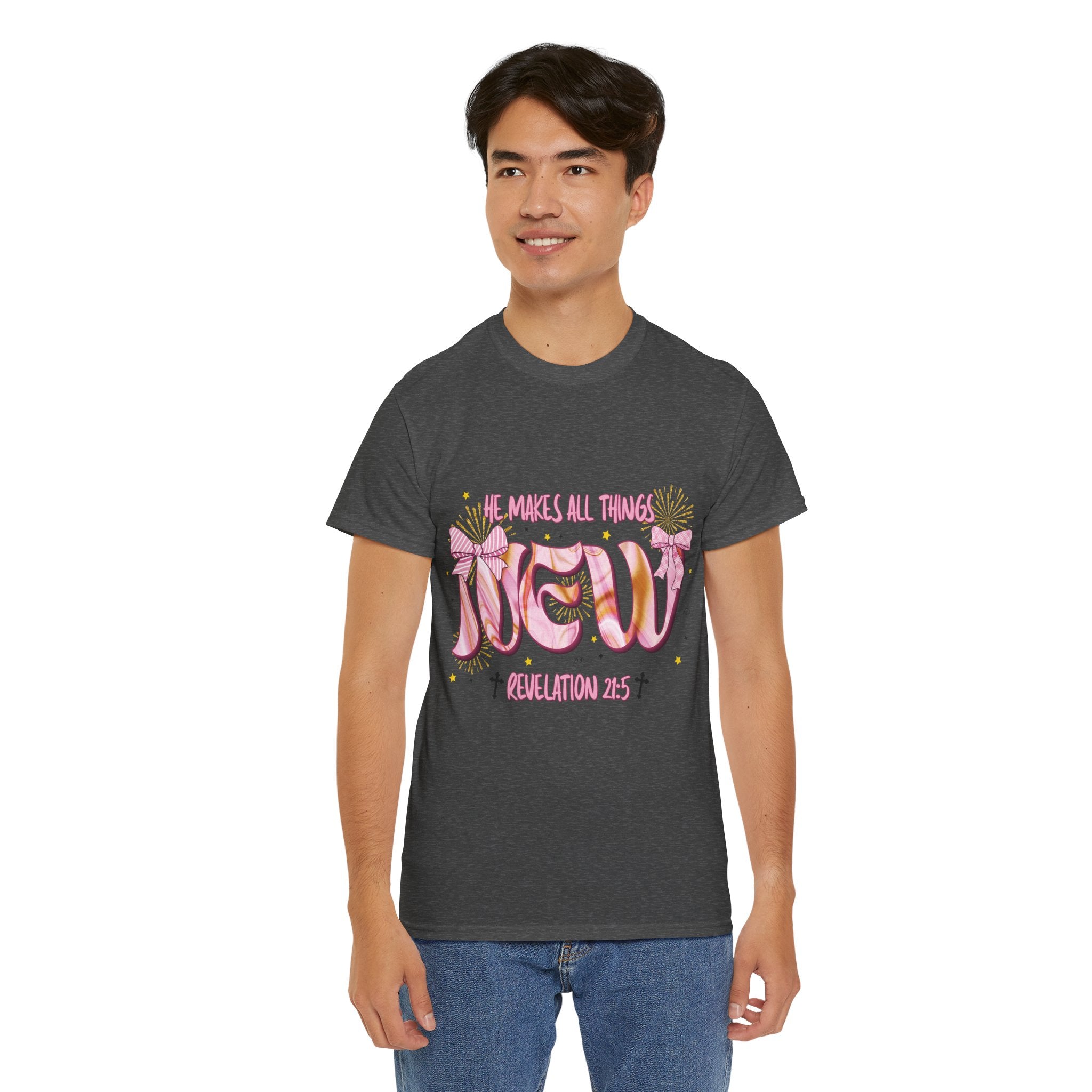 Christian Marble Tee — “He Makes All Things New” (Revelation 21:5)... Unisex Cotton Tee