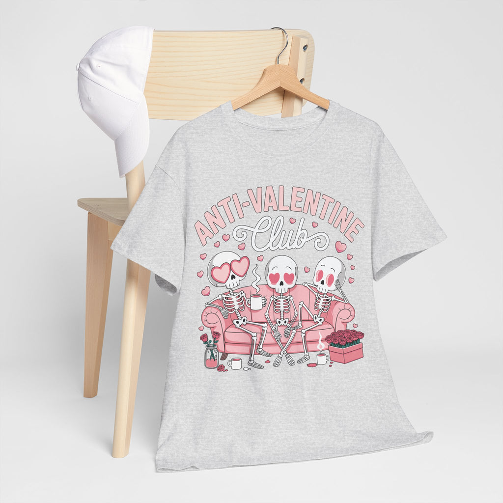 Anti-Valentine Club Skeleton Tee — Anti-Romance Pink Couch Graphic Unisex Cotton T-Shirt