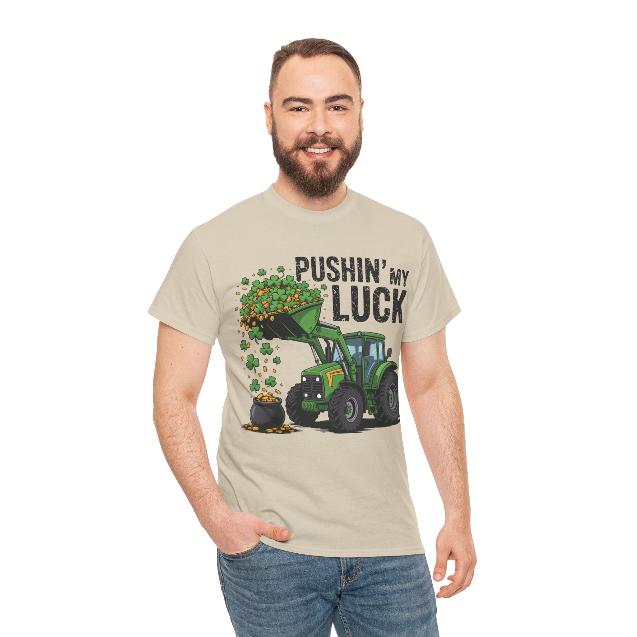Pushin' My Luck Shamrock Tractor Tee — St. Patrick's Day Unisex Cotton T-Shirt